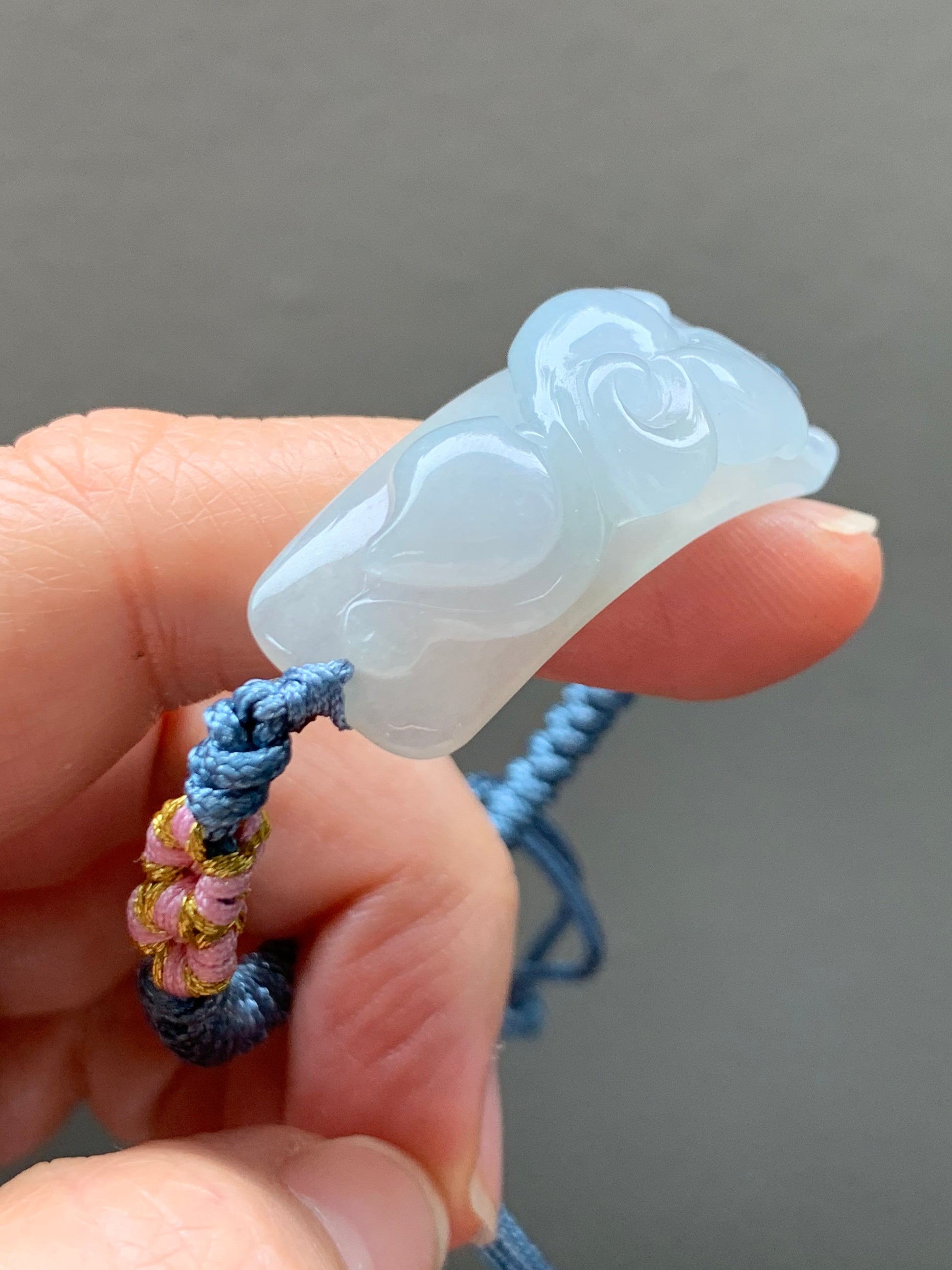 Stunning Natural Burmese Icy Translucent & Gelatinous Sky Blue Jadeite Carved w/ Ruyi Rope Bracelet Adjustable 天然缅甸冰胶天空蓝翡翠如意手牌手绳