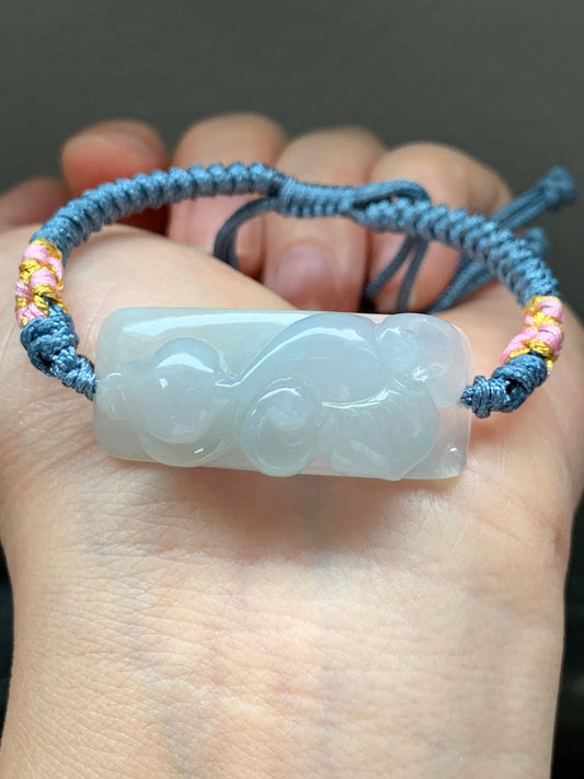 Stunning Natural Burmese Icy Translucent & Gelatinous Sky Blue Jadeite Carved w/ Ruyi Rope Bracelet Adjustable 天然缅甸冰胶天空蓝翡翠如意手牌手绳