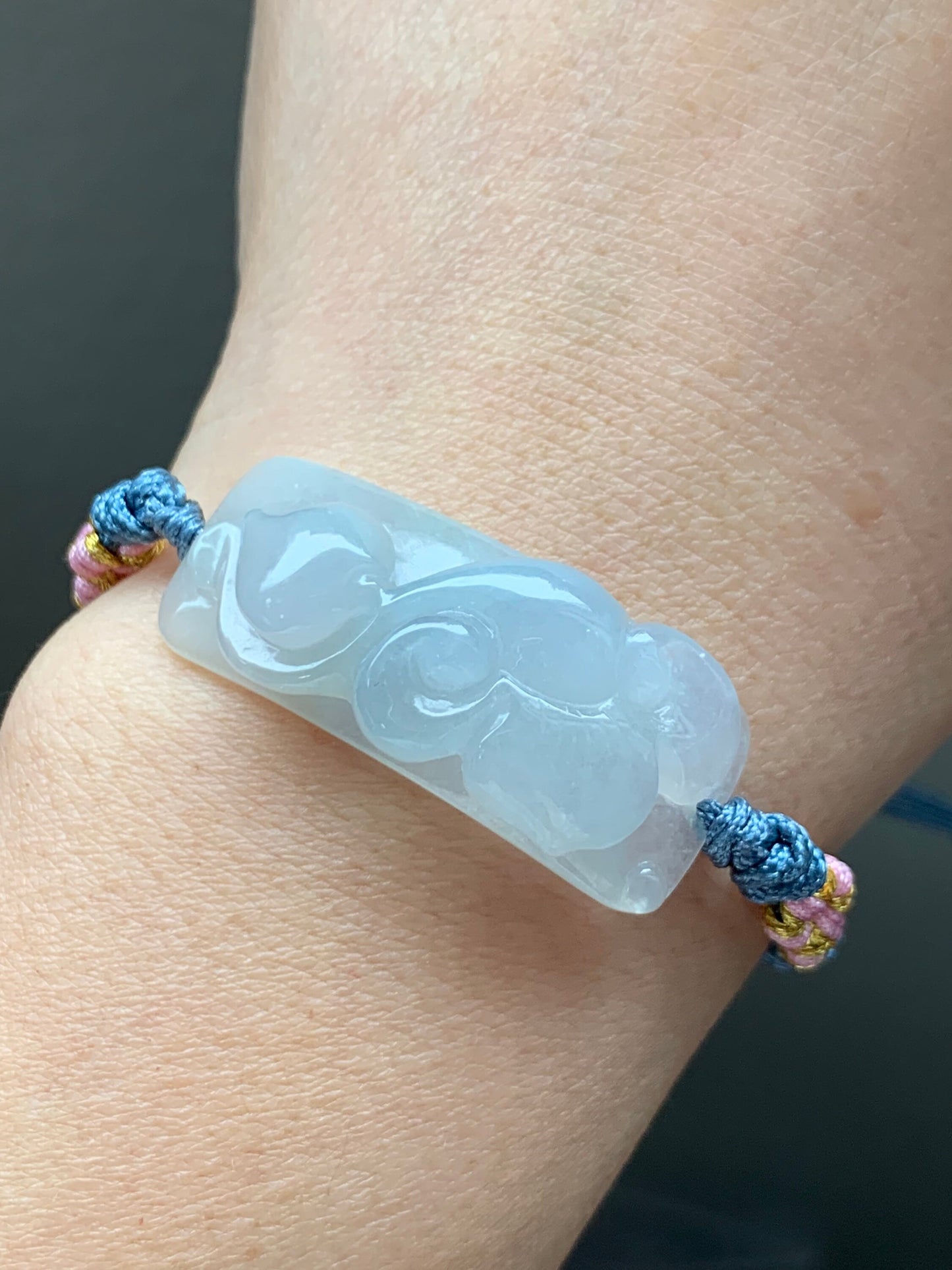 Stunning Natural Burmese Icy Translucent & Gelatinous Sky Blue Jadeite Carved w/ Ruyi Rope Bracelet Adjustable 天然缅甸冰胶天空蓝翡翠如意手牌手绳