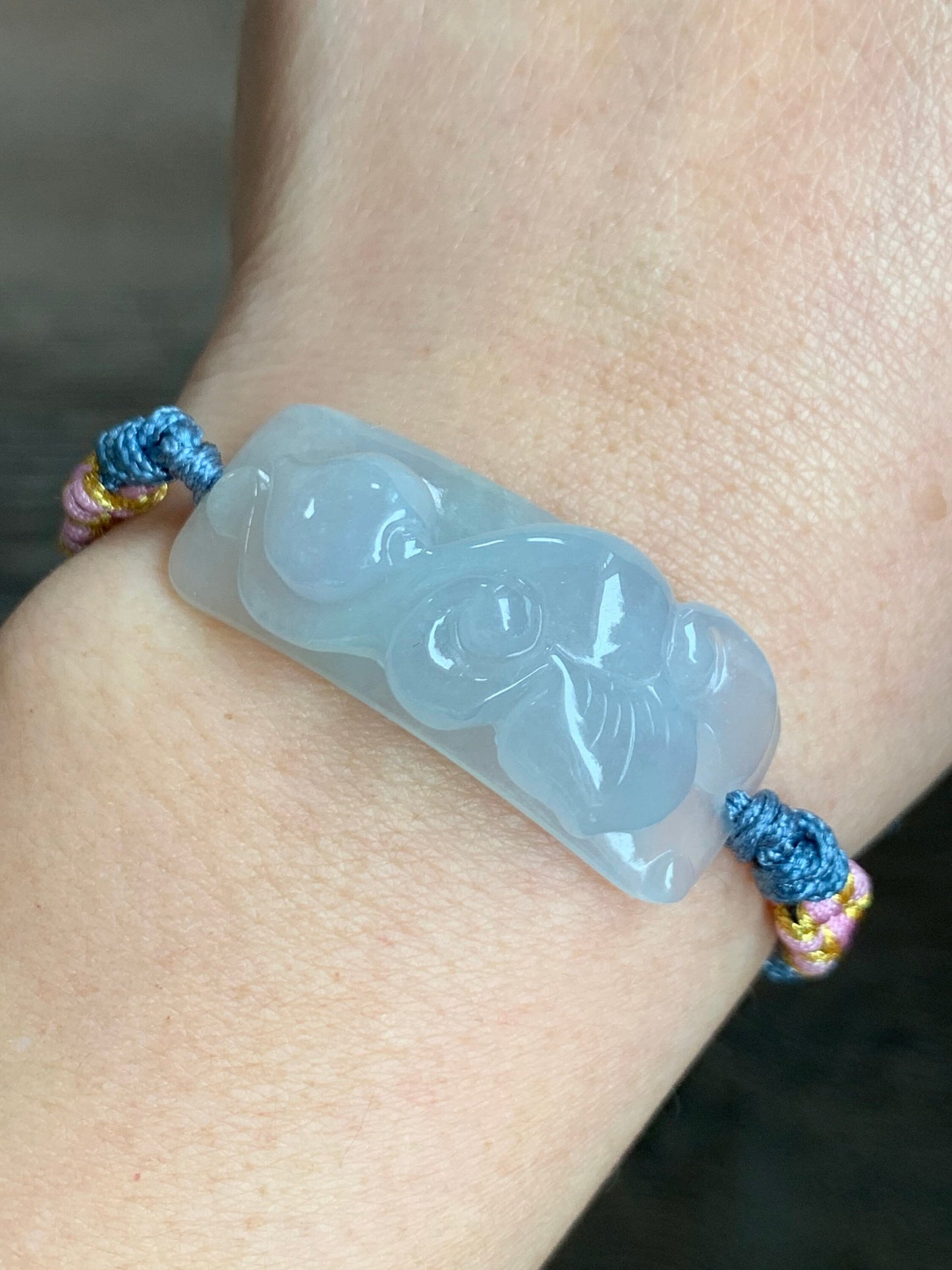 Stunning Natural Burmese Icy Translucent & Gelatinous Sky Blue Jadeite Carved w/ Ruyi Rope Bracelet Adjustable 天然缅甸冰胶天空蓝翡翠如意手牌手绳