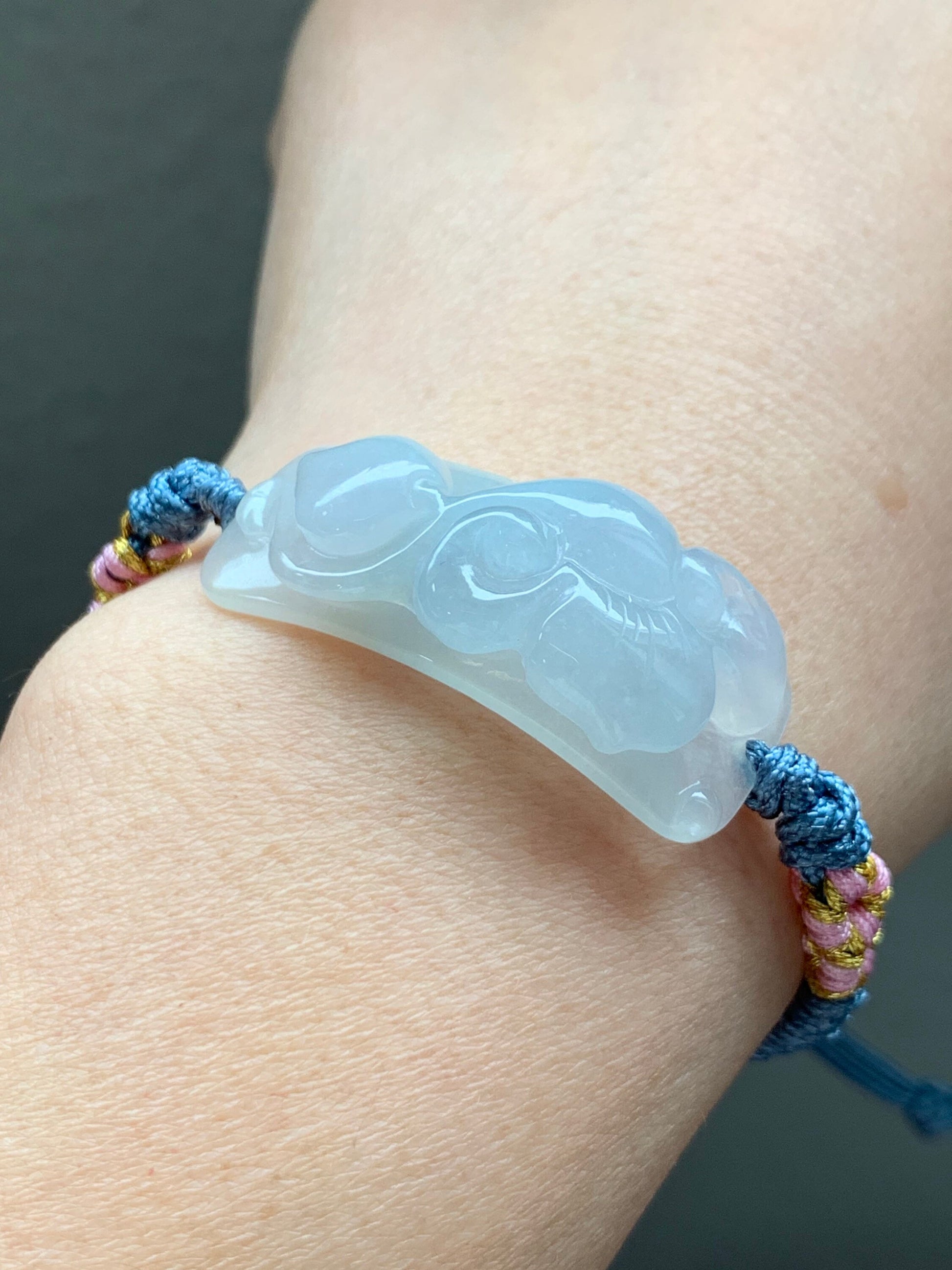 Stunning Natural Burmese Icy Translucent & Gelatinous Sky Blue Jadeite Carved w/ Ruyi Rope Bracelet Adjustable 天然缅甸冰胶天空蓝翡翠如意手牌手绳