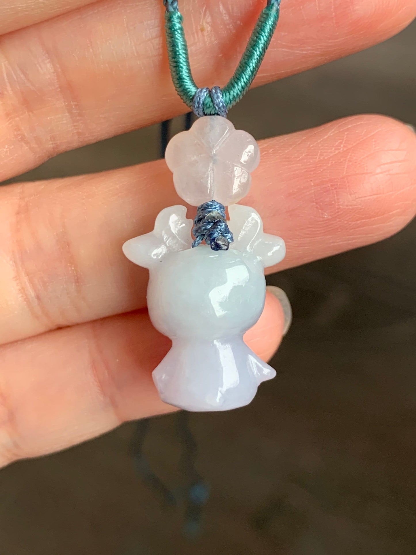 Natural Burmese Icy Translucent Jadeite Carved Deer & Cherry Blossom Pendant Rope Necklace Adjustable up to 24” 天然缅甸冰淡紫翡翠小鹿梅花吊坠