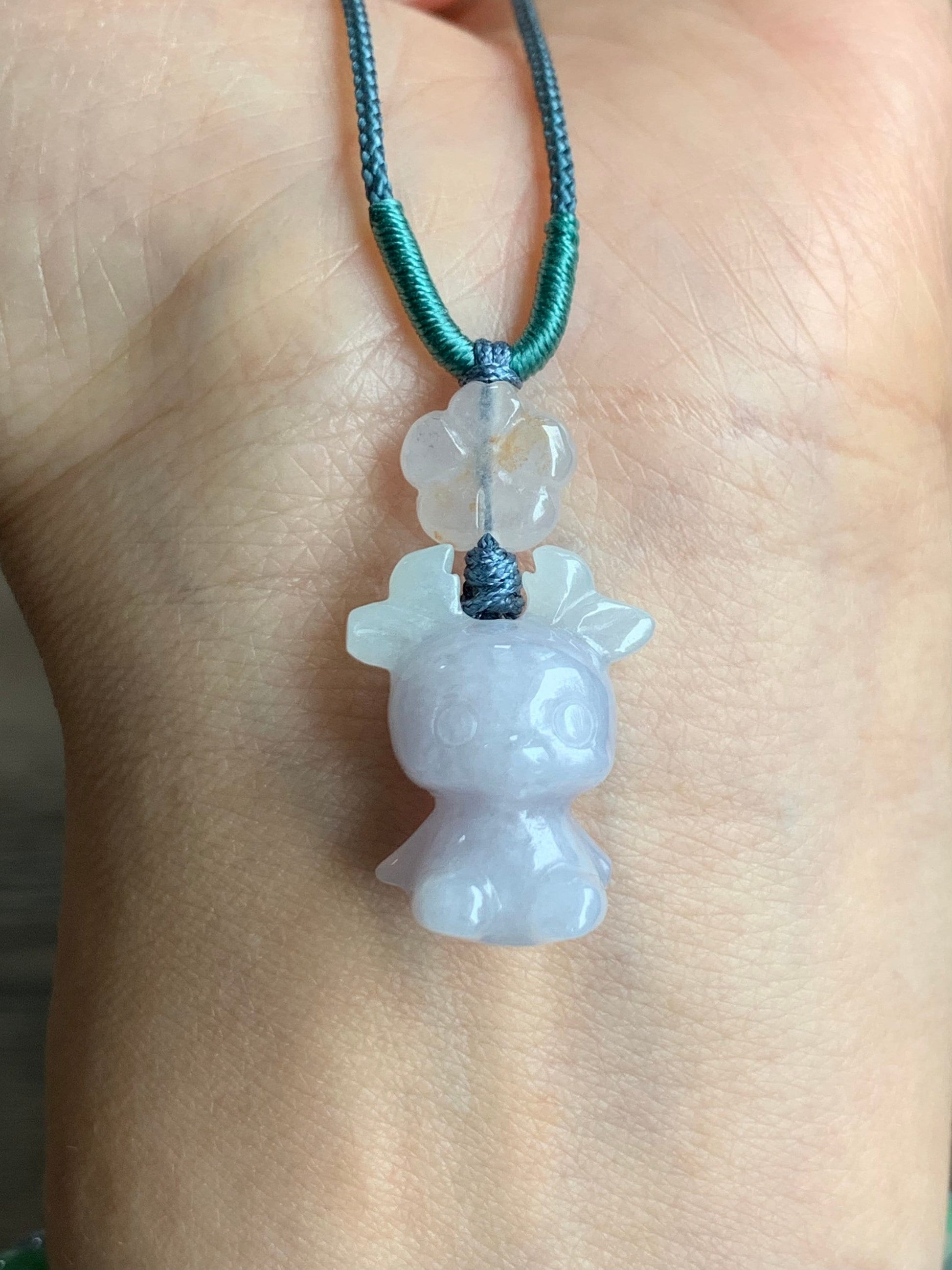 Natural Burmese Icy Translucent Jadeite Carved Deer & Cherry Blossom Pendant Rope Necklace Adjustable up to 24” 天然缅甸冰淡紫翡翠小鹿梅花吊坠