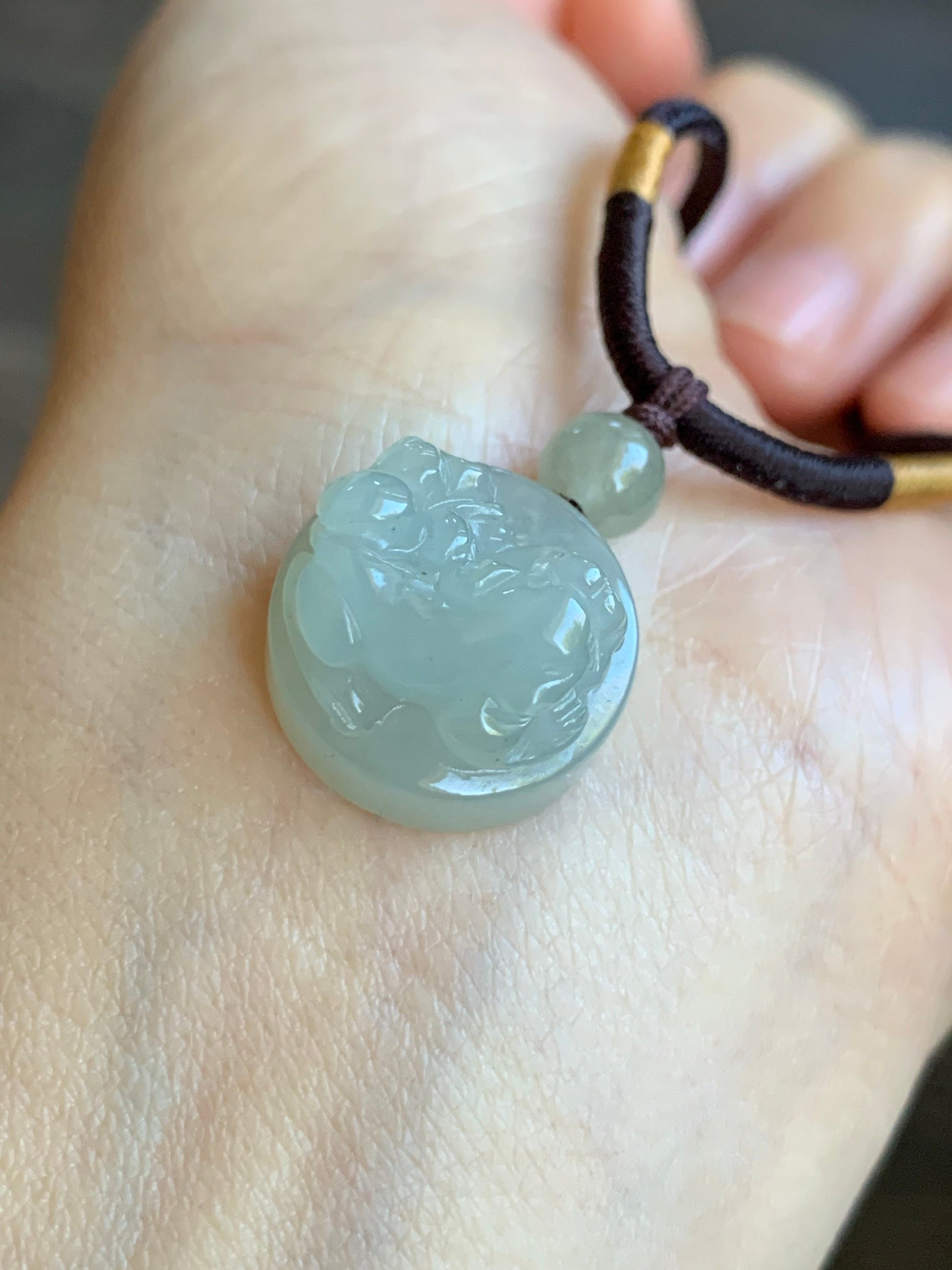 UNIQUE Natural Burmese Icy Translucent & Gelatinous Rock Sugar Jadeite Carved Pixiu Bead Pendant on Rope Necklace 天然缅甸冰胶冰糖黄翡翠貔貅珠吊坠