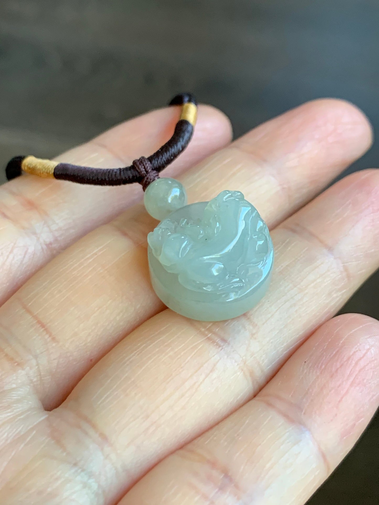 UNIQUE Natural Burmese Icy Translucent & Gelatinous Rock Sugar Jadeite Carved Pixiu Bead Pendant on Rope Necklace 天然缅甸冰胶冰糖黄翡翠貔貅珠吊坠