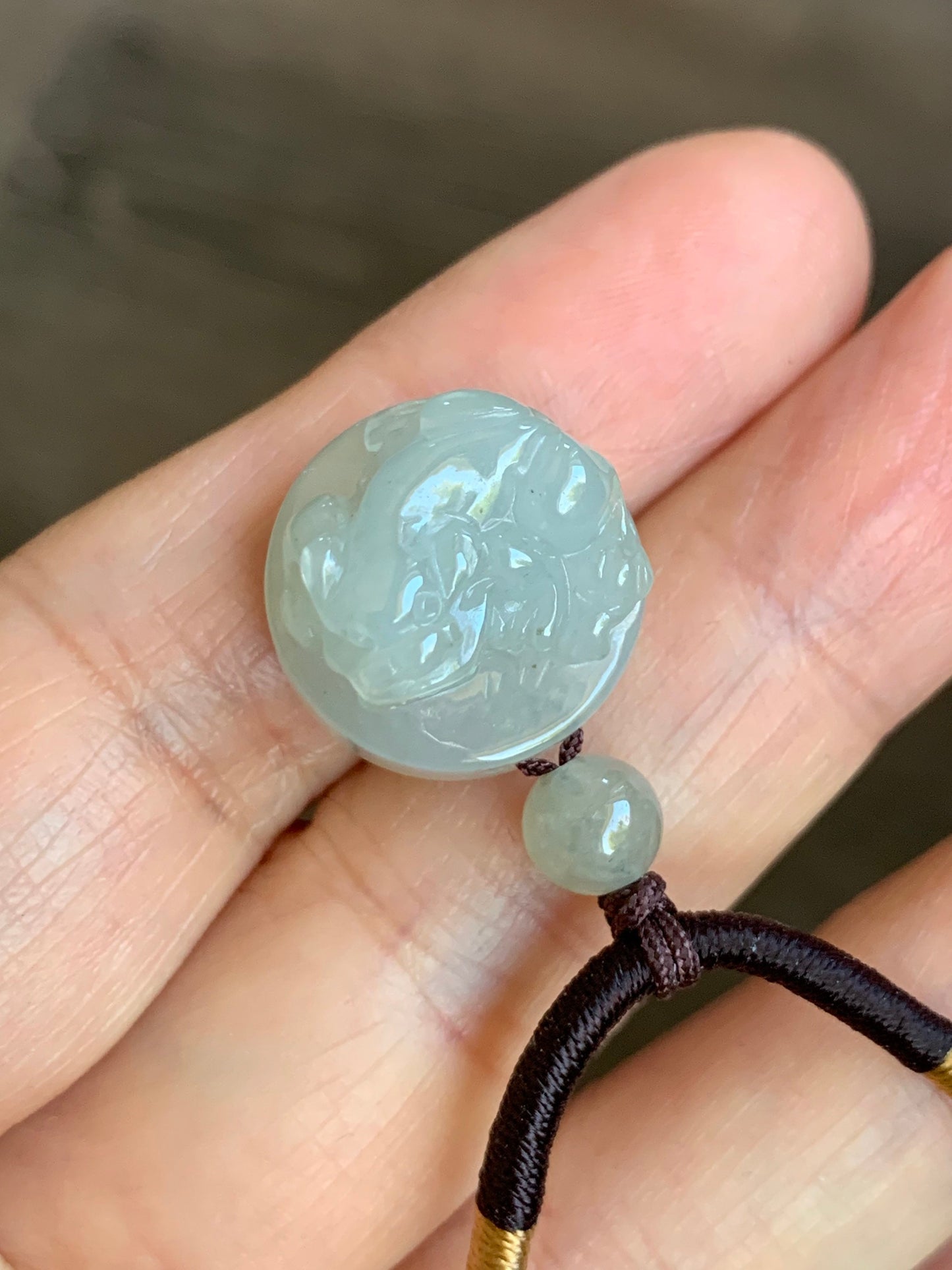 UNIQUE Natural Burmese Icy Translucent & Gelatinous Rock Sugar Jadeite Carved Pixiu Bead Pendant on Rope Necklace 天然缅甸冰胶冰糖黄翡翠貔貅珠吊坠