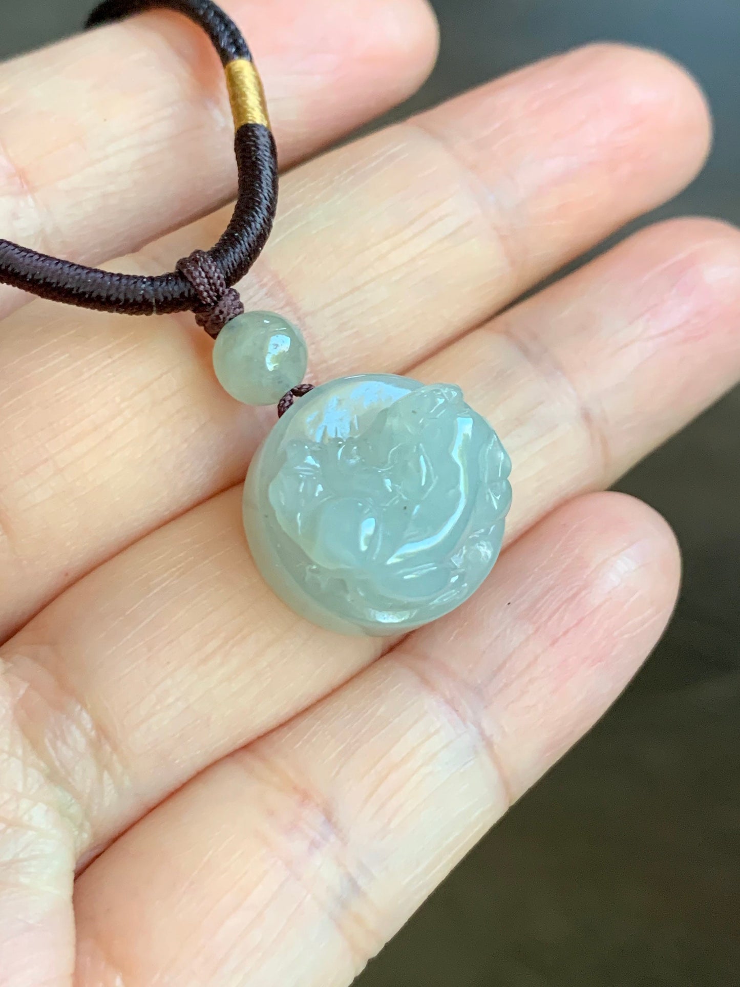 UNIQUE Natural Burmese Icy Translucent & Gelatinous Rock Sugar Jadeite Carved Pixiu Bead Pendant on Rope Necklace 天然缅甸冰胶冰糖黄翡翠貔貅珠吊坠