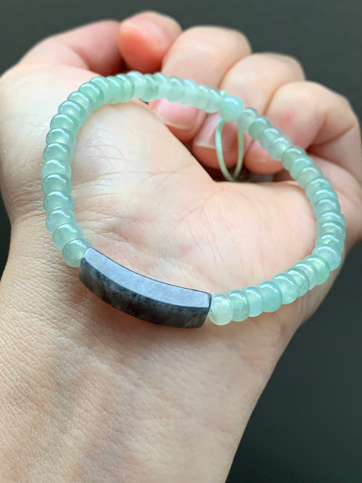 Natural Burmese Icy Highly Translucent Gelatinous Light Green Jadeite Flat Beads Wuji Jadeite Curved Bead Beaded Bracelet 7” 天然缅甸晴底翡翠算盘珠乌鸡手牌