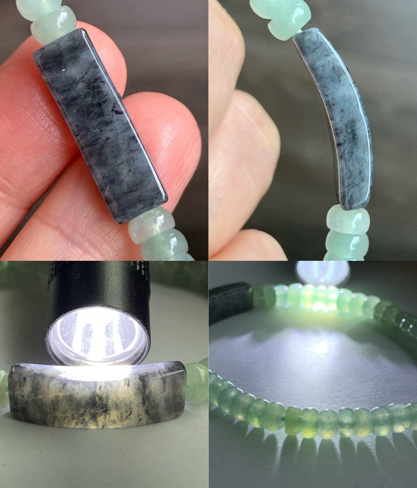 Natural Burmese Icy Highly Translucent Gelatinous Light Green Jadeite Flat Beads Wuji Jadeite Curved Bead Beaded Bracelet 7” 天然缅甸晴底翡翠算盘珠乌鸡手牌