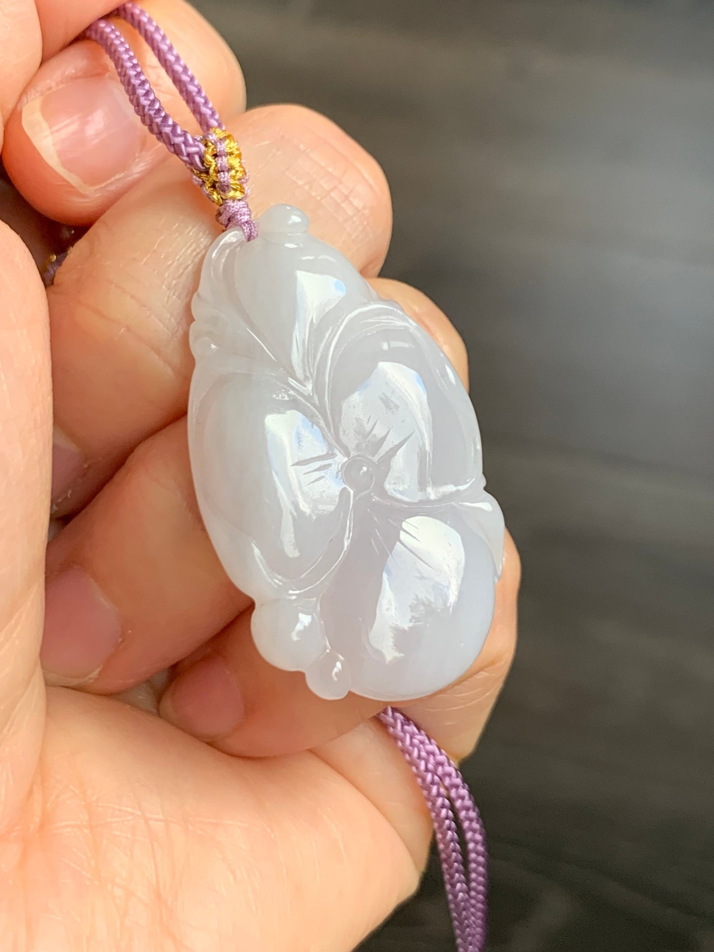 Natural Burmese Translucent Light Lavender Jadeite Carved Lotus Leaf Pendant Rope Necklace 24” Adjustable 天然缅甸细糯淡紫底翡翠荷叶吊坠