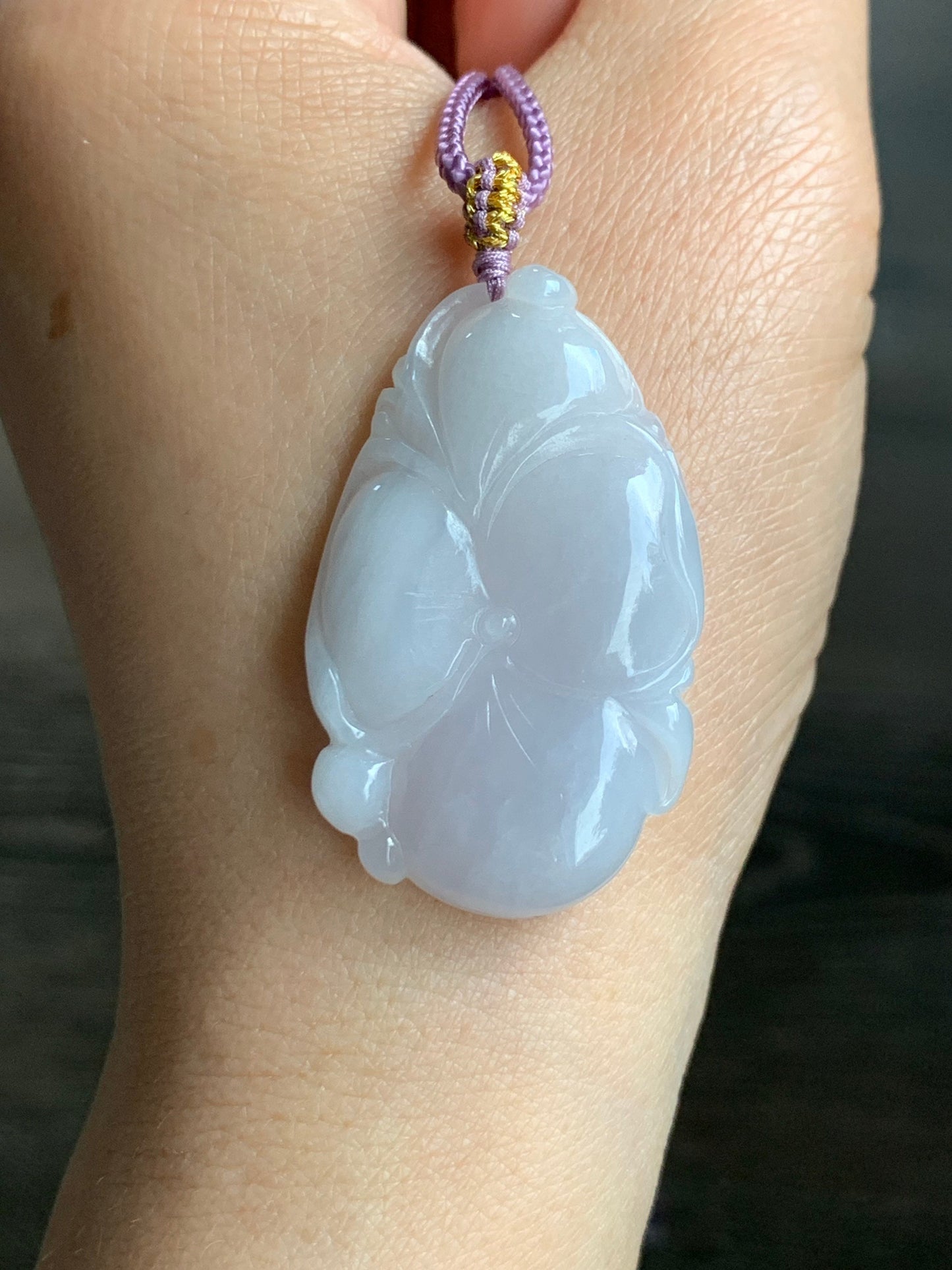 Natural Burmese Translucent Light Lavender Jadeite Carved Lotus Leaf Pendant Rope Necklace 24” Adjustable 天然缅甸细糯淡紫底翡翠荷叶吊坠