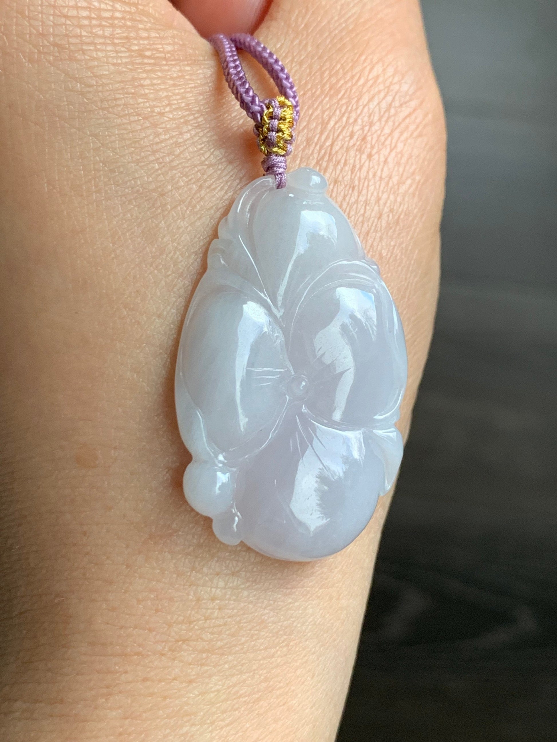 Natural Burmese Translucent Light Lavender Jadeite Carved Lotus Leaf Pendant Rope Necklace 24” Adjustable 天然缅甸细糯淡紫底翡翠荷叶吊坠