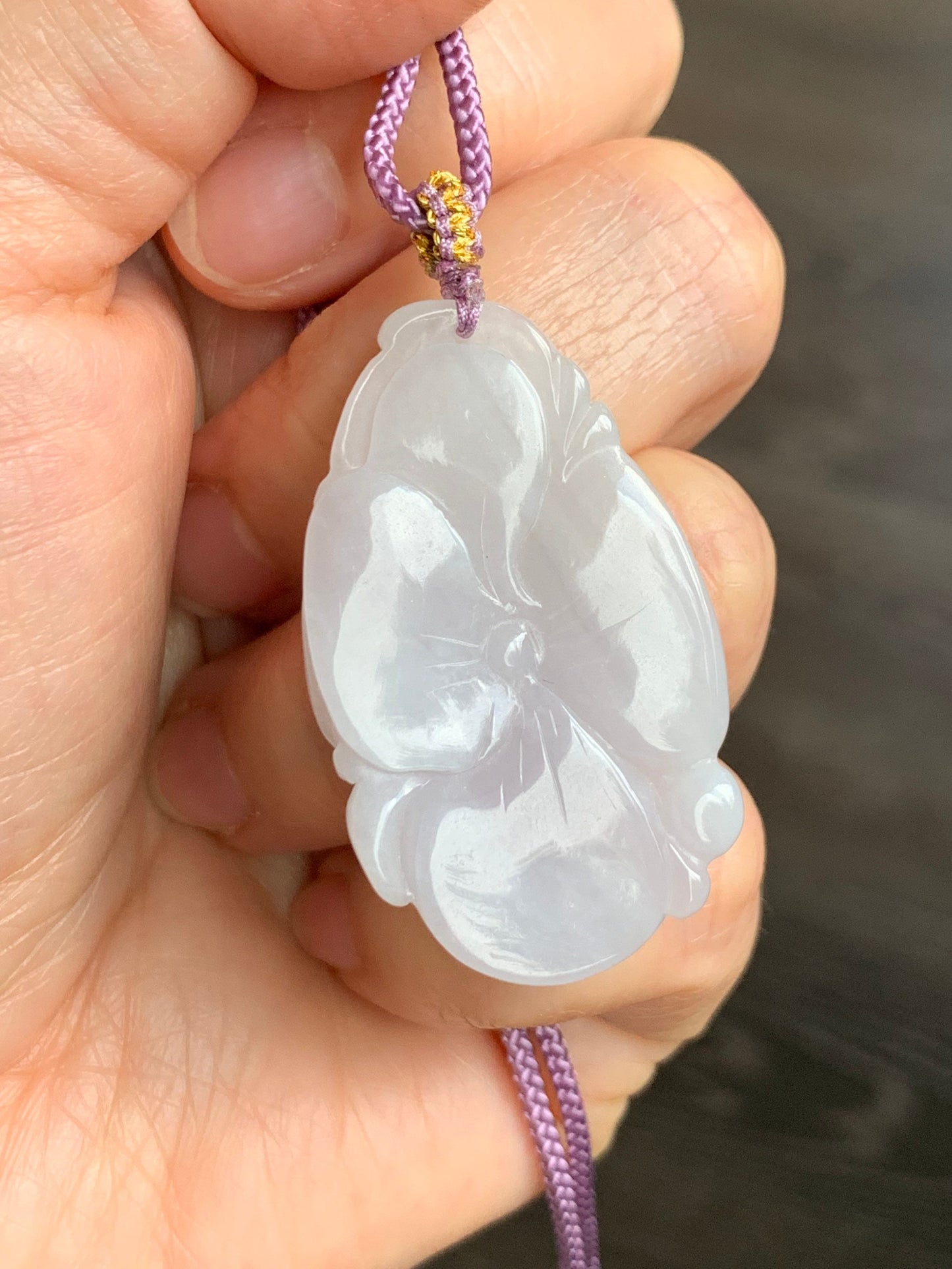 Natural Burmese Translucent Light Lavender Jadeite Carved Lotus Leaf Pendant Rope Necklace 24” Adjustable 天然缅甸细糯淡紫底翡翠荷叶吊坠