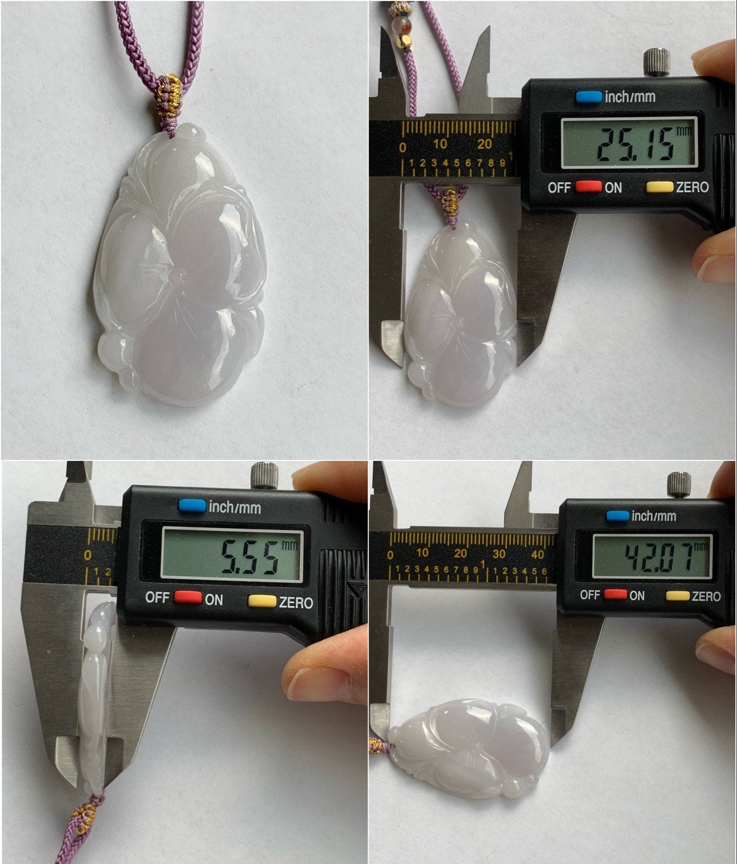 Natural Burmese Translucent Light Lavender Jadeite Carved Lotus Leaf Pendant Rope Necklace 24” Adjustable 天然缅甸细糯淡紫底翡翠荷叶吊坠