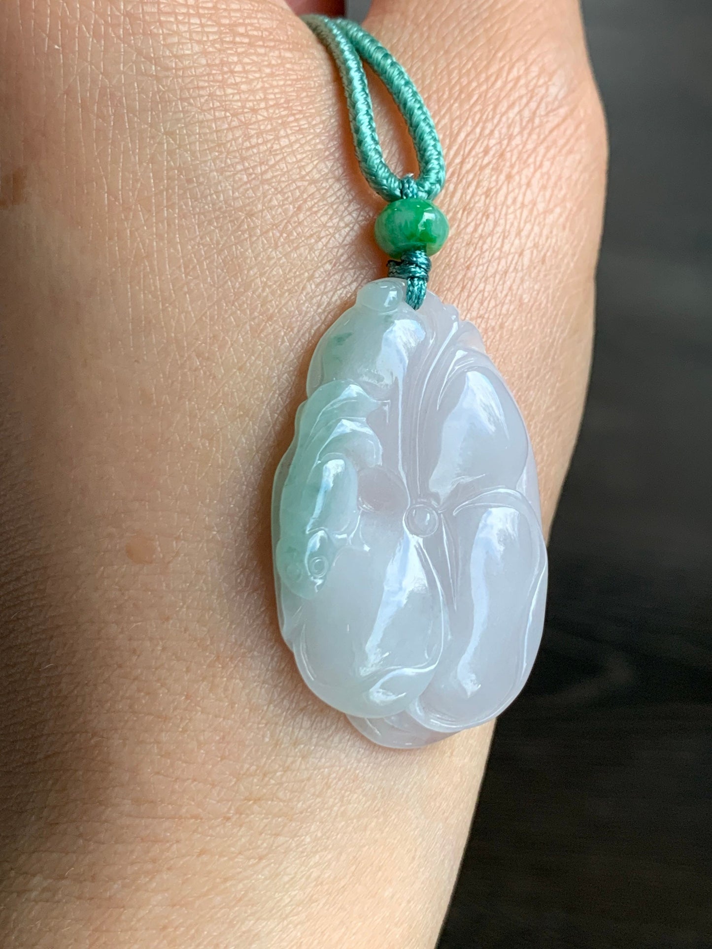 Natural Burmese Translucent Jadeite w/ Green Marbling Carved Lotus Leaf and Fish Rope Necklace 24” Adjustable 天然缅甸细糯飘绿花翡翠荷叶鱼吊坠