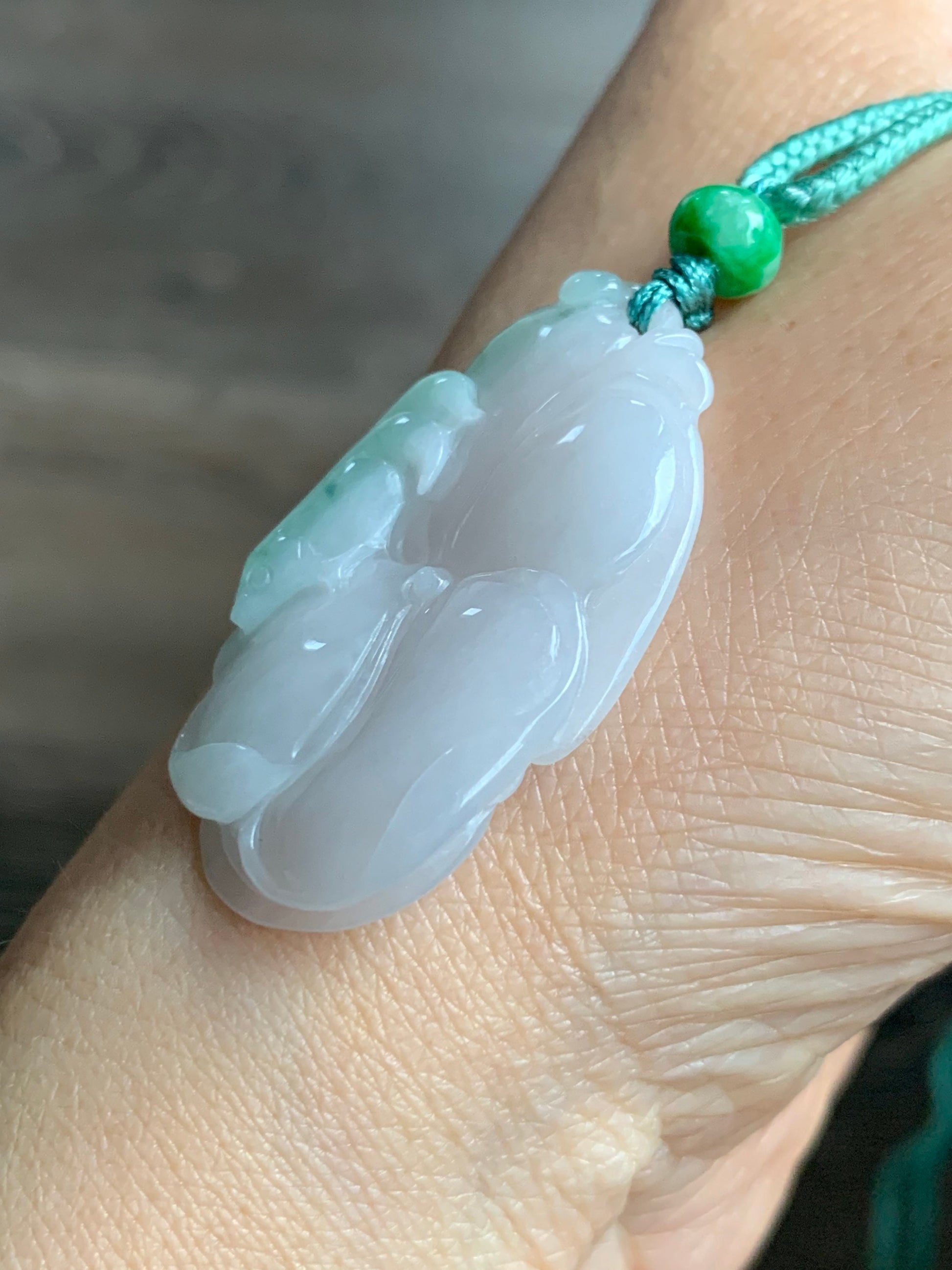 Natural Burmese Translucent Jadeite w/ Green Marbling Carved Lotus Leaf and Fish Rope Necklace 24” Adjustable 天然缅甸细糯飘绿花翡翠荷叶鱼吊坠