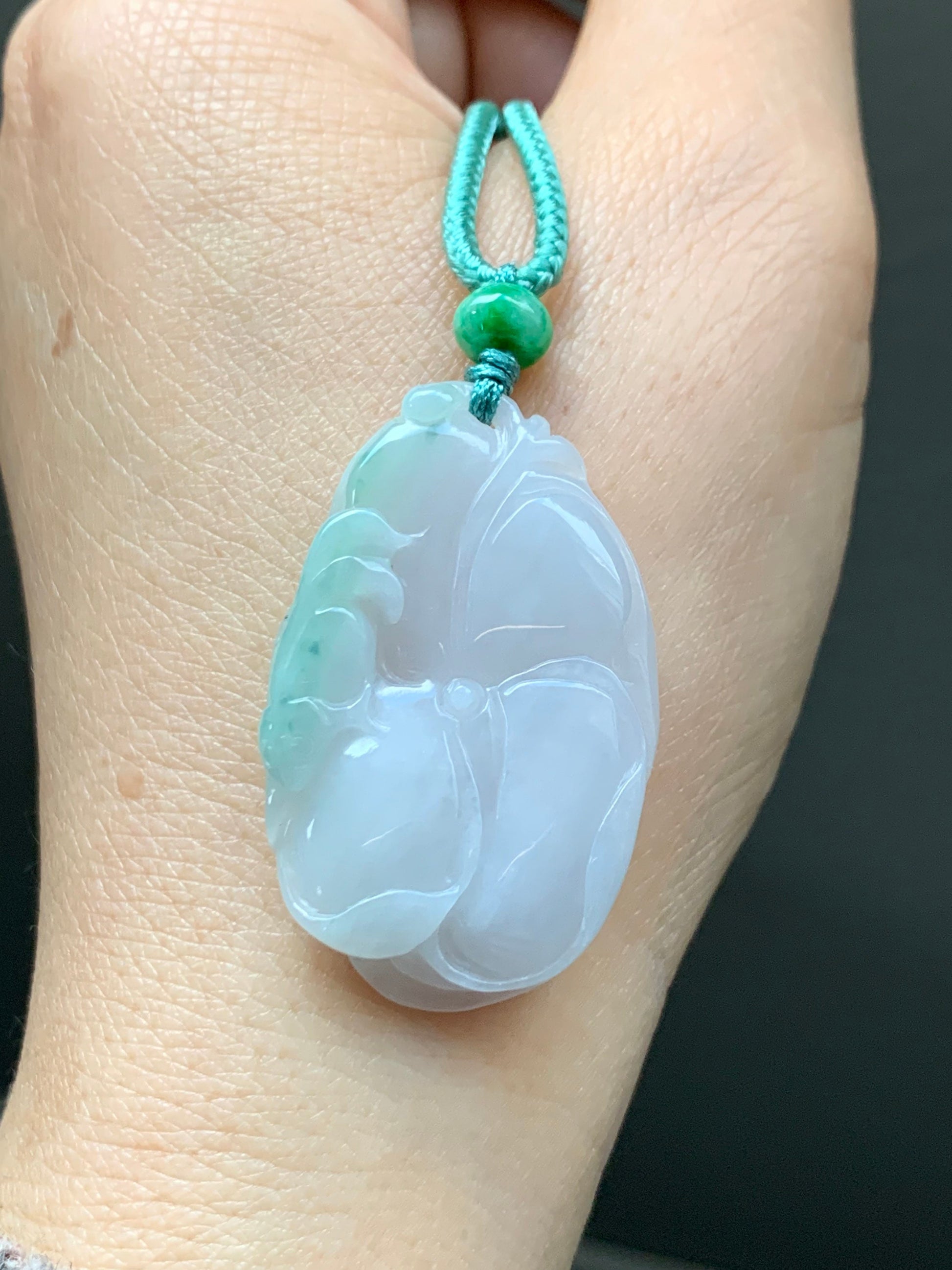 Natural Burmese Translucent Jadeite w/ Green Marbling Carved Lotus Leaf and Fish Rope Necklace 24” Adjustable 天然缅甸细糯飘绿花翡翠荷叶鱼吊坠