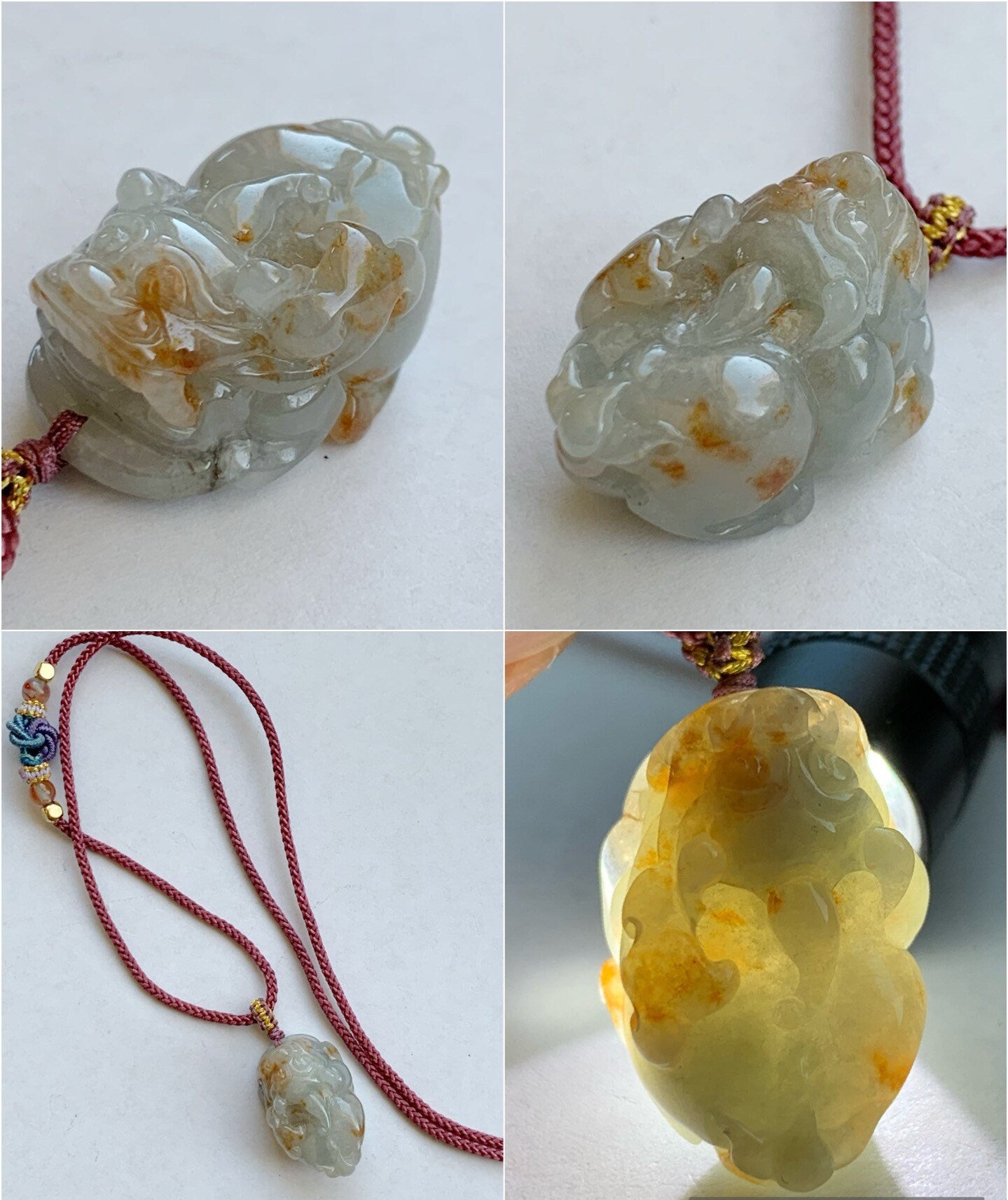 Natural Burmese Icy Translucent Red Marbled Jadeite Carved Pixiu Rope Necklace Adjustable 24” 天然缅甸飘红翡翡翠貔貅吊坠