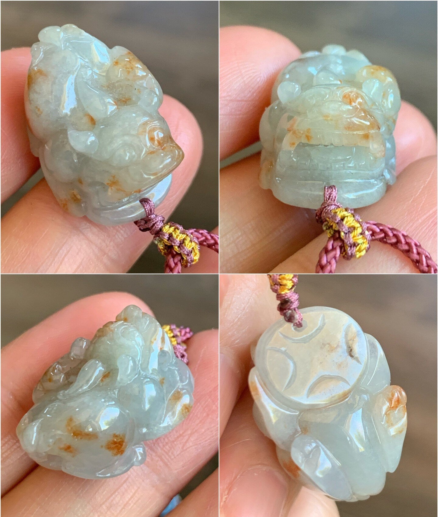 Natural Burmese Icy Translucent Red Marbled Jadeite Carved Pixiu Rope Necklace Adjustable 24” 天然缅甸飘红翡翡翠貔貅吊坠