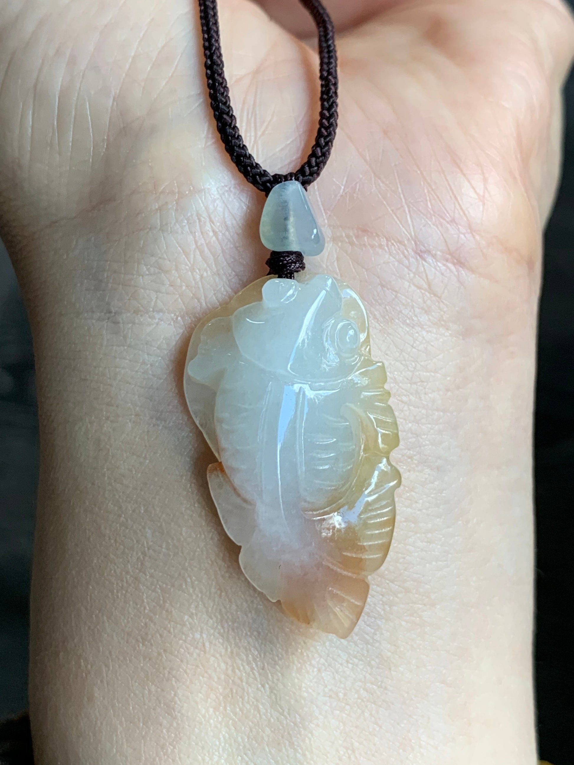 Natural Burmese Icy Translucent Gelatinous White Jadeite w/ Red Marbling Carved Goldfish Pendant Rope Necklace 天然缅甸冰胶白翡翠飘红翡荷叶鱼吊坠