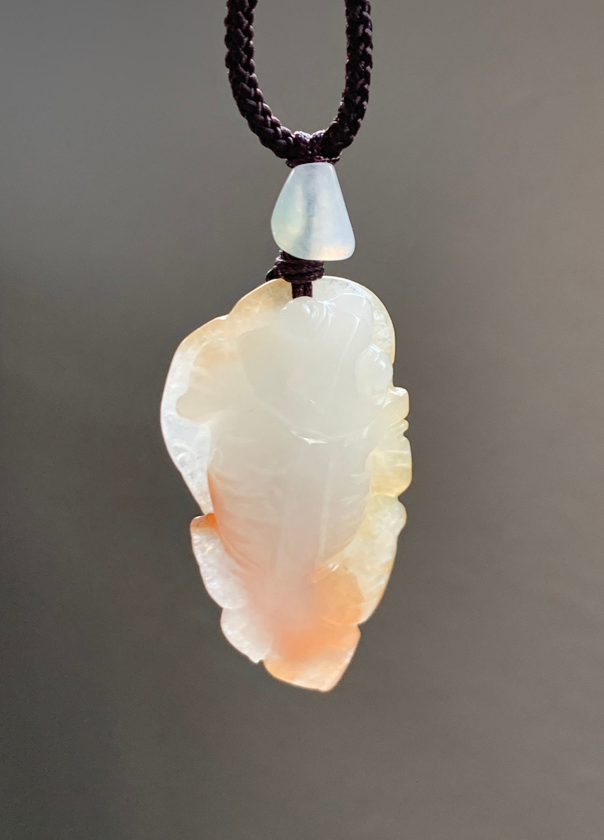 Natural Burmese Icy Translucent Gelatinous White Jadeite w/ Red Marbling Carved Goldfish Pendant Rope Necklace 天然缅甸冰胶白翡翠飘红翡荷叶鱼吊坠