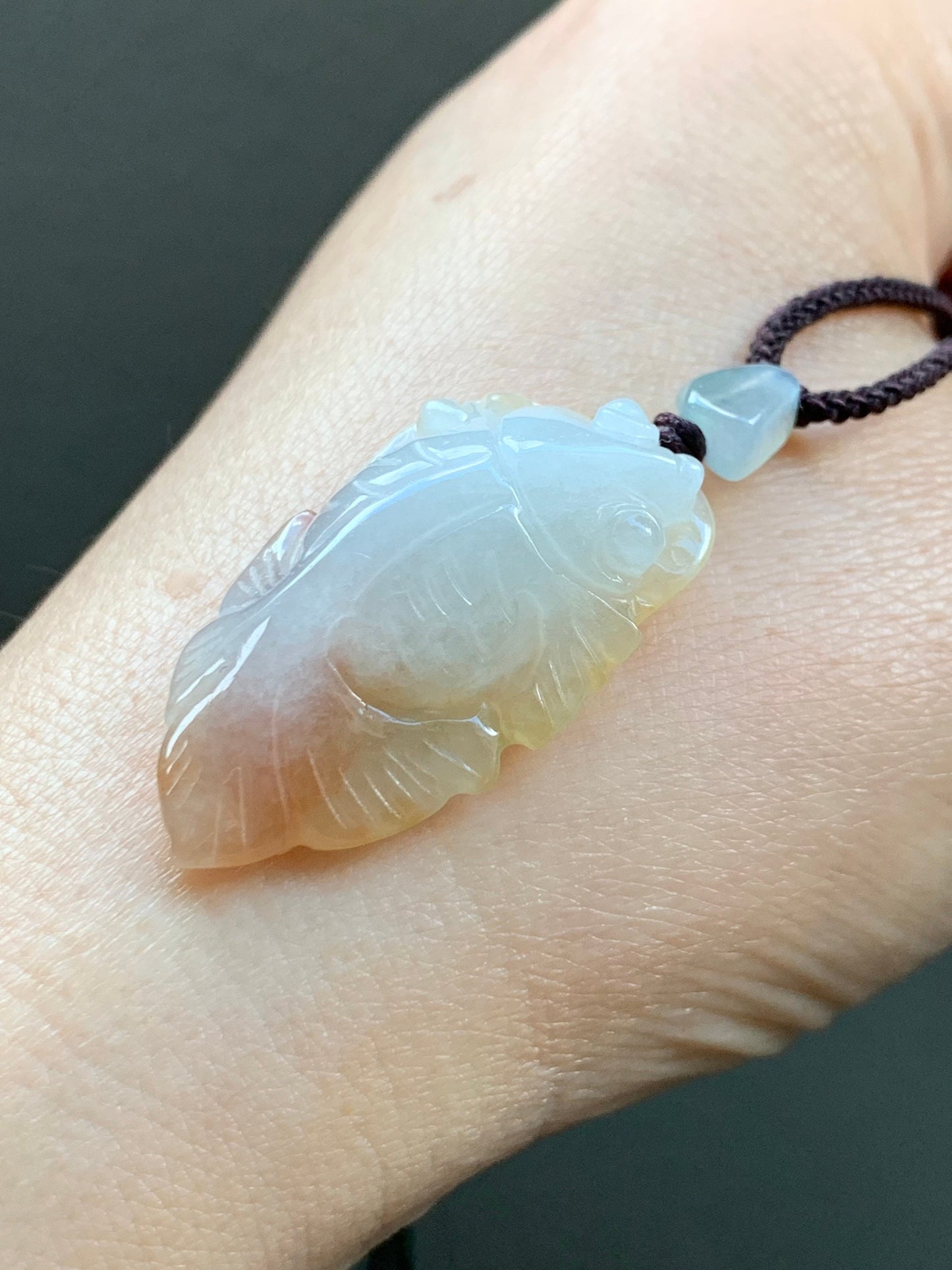 Natural Burmese Icy Translucent Gelatinous White Jadeite w/ Red Marbling Carved Goldfish Pendant Rope Necklace 天然缅甸冰胶白翡翠飘红翡荷叶鱼吊坠