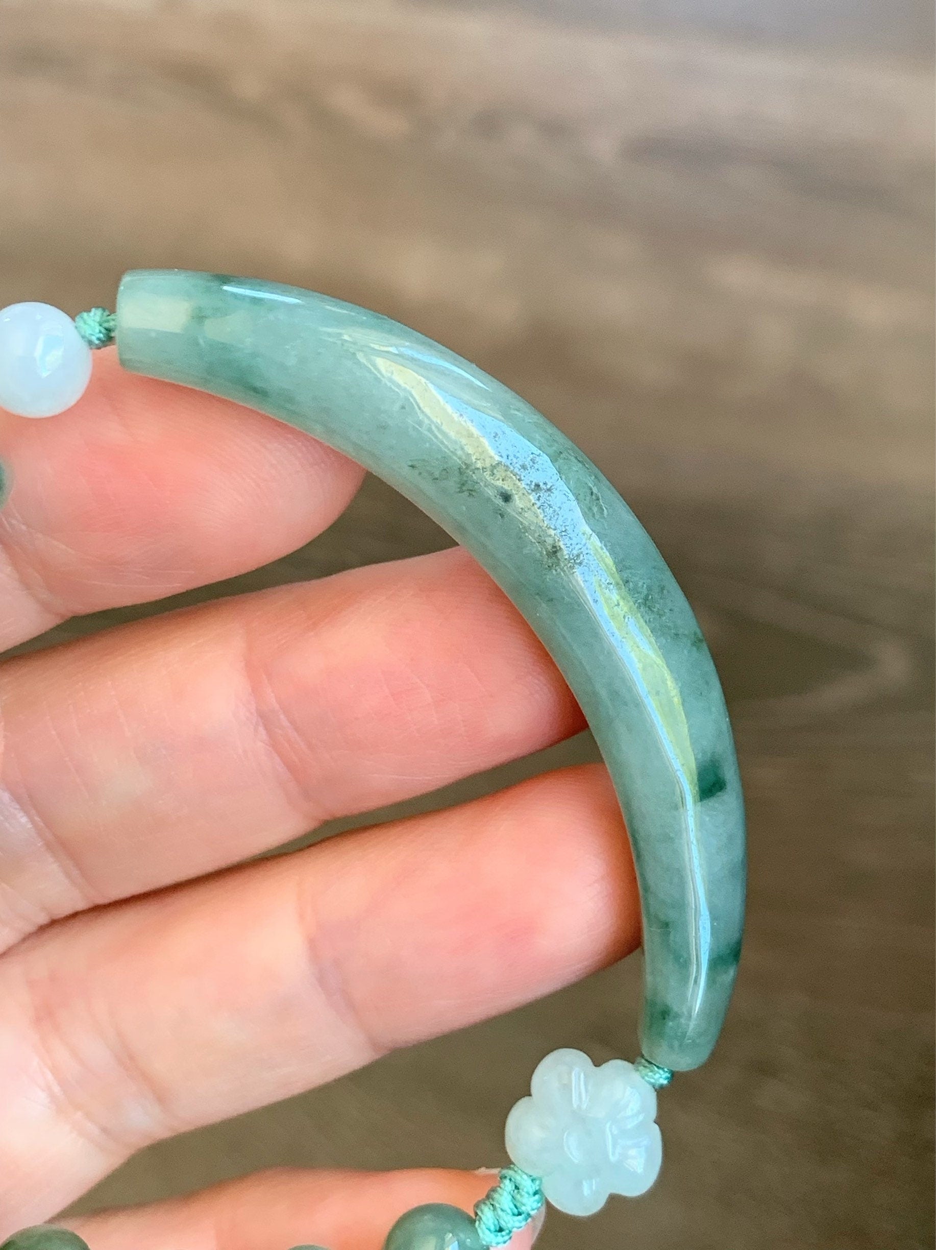 Natural Burmese Icy Translucent Teal Green Jadeite Half Bangle Style Rope Bracelet w/ Cherry Blossom & Butterfly Charm 7” 天然缅甸深绿翡翠半镯蝴蝶梅花手绳