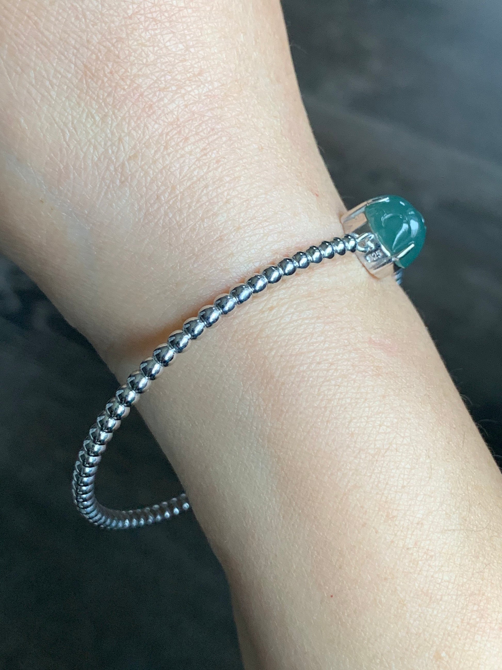 Certified Natural Guatemalan Grade A Icy Teal Blue Jadeite 3-Legged Toad Bangle Bracelet Sterling Silver Custom Design 天然冰蓝水翡翠三脚金蟾银镶手镯 2697