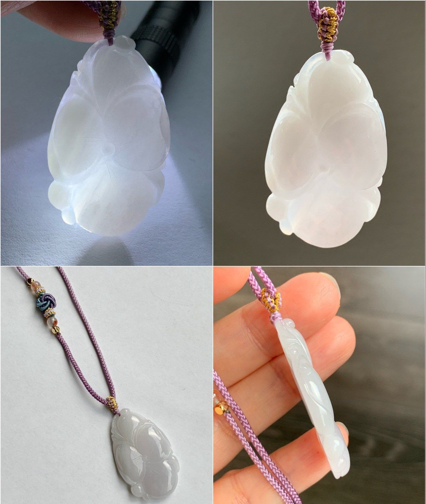 Natural Burmese Translucent Light Lavender Jadeite Carved Lotus Leaf Pendant Rope Necklace 24” Adjustable 天然缅甸细糯淡紫底翡翠荷叶吊坠