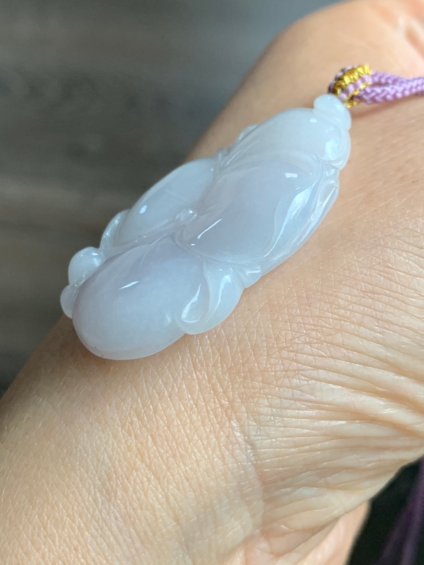 Natural Burmese Translucent Light Lavender Jadeite Carved Lotus Leaf Pendant Rope Necklace 24” Adjustable 天然缅甸细糯淡紫底翡翠荷叶吊坠