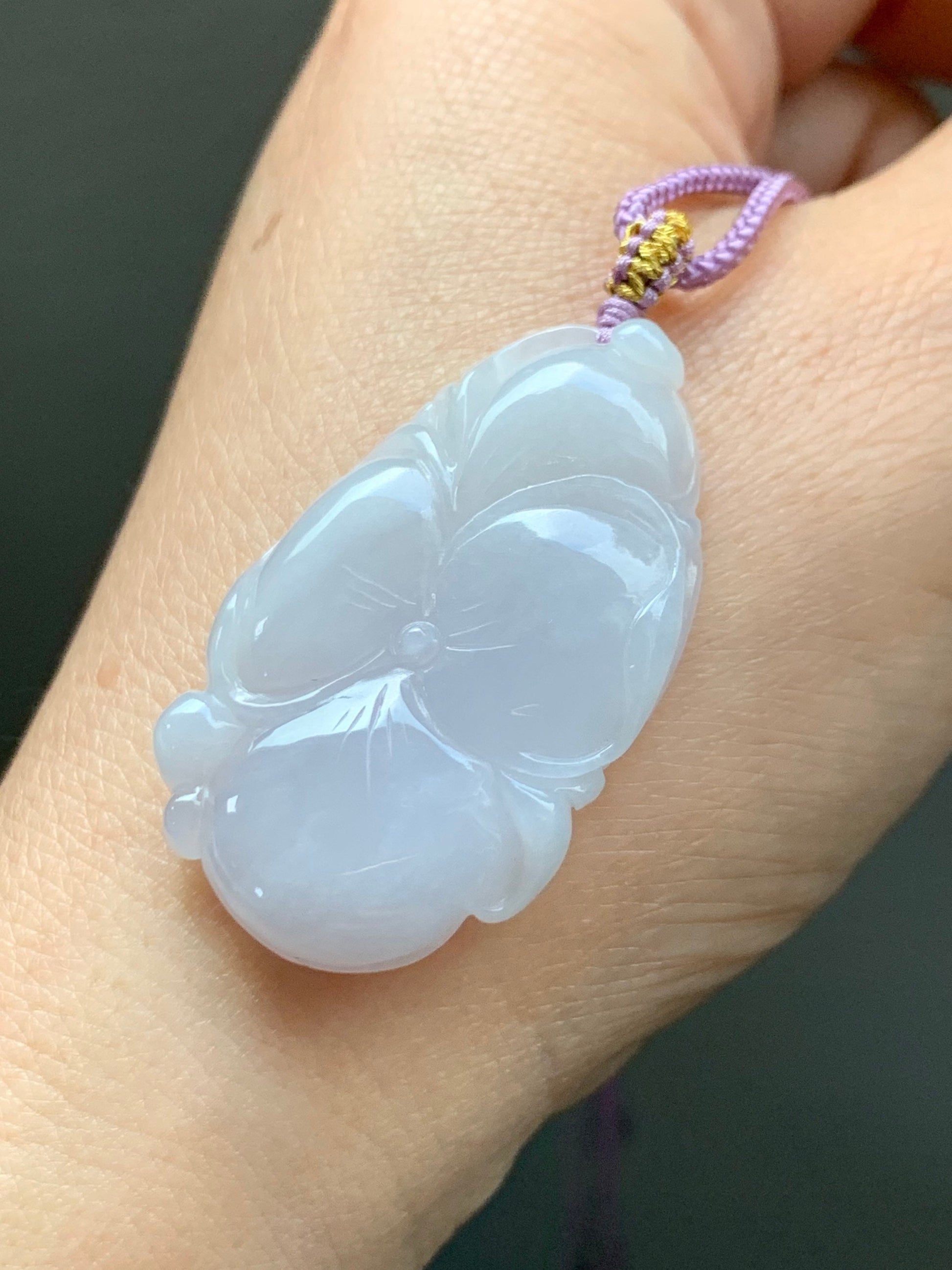 Natural Burmese Translucent Light Lavender Jadeite Carved Lotus Leaf Pendant Rope Necklace 24” Adjustable 天然缅甸细糯淡紫底翡翠荷叶吊坠