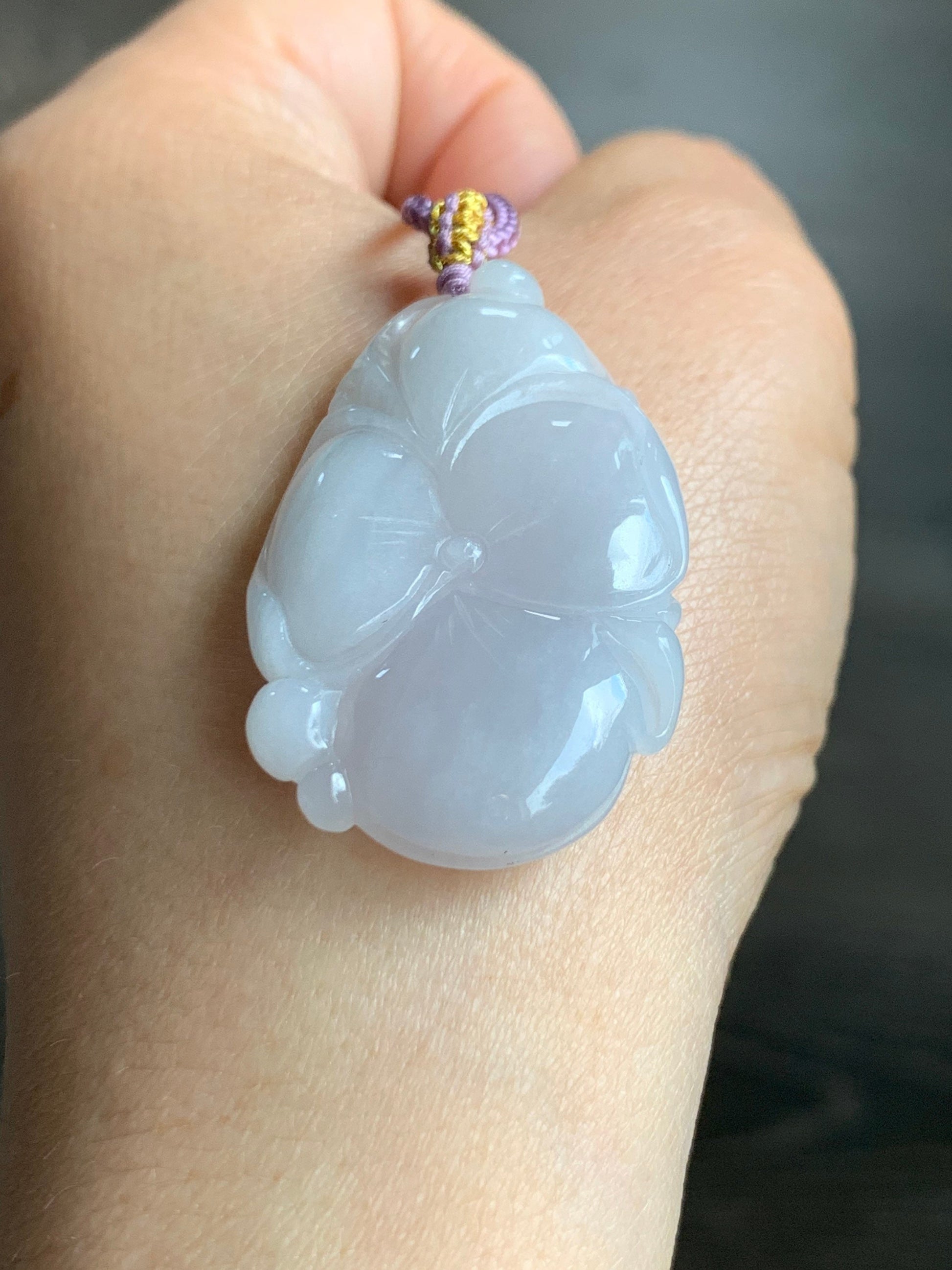 Natural Burmese Translucent Light Lavender Jadeite Carved Lotus Leaf Pendant Rope Necklace 24” Adjustable 天然缅甸细糯淡紫底翡翠荷叶吊坠