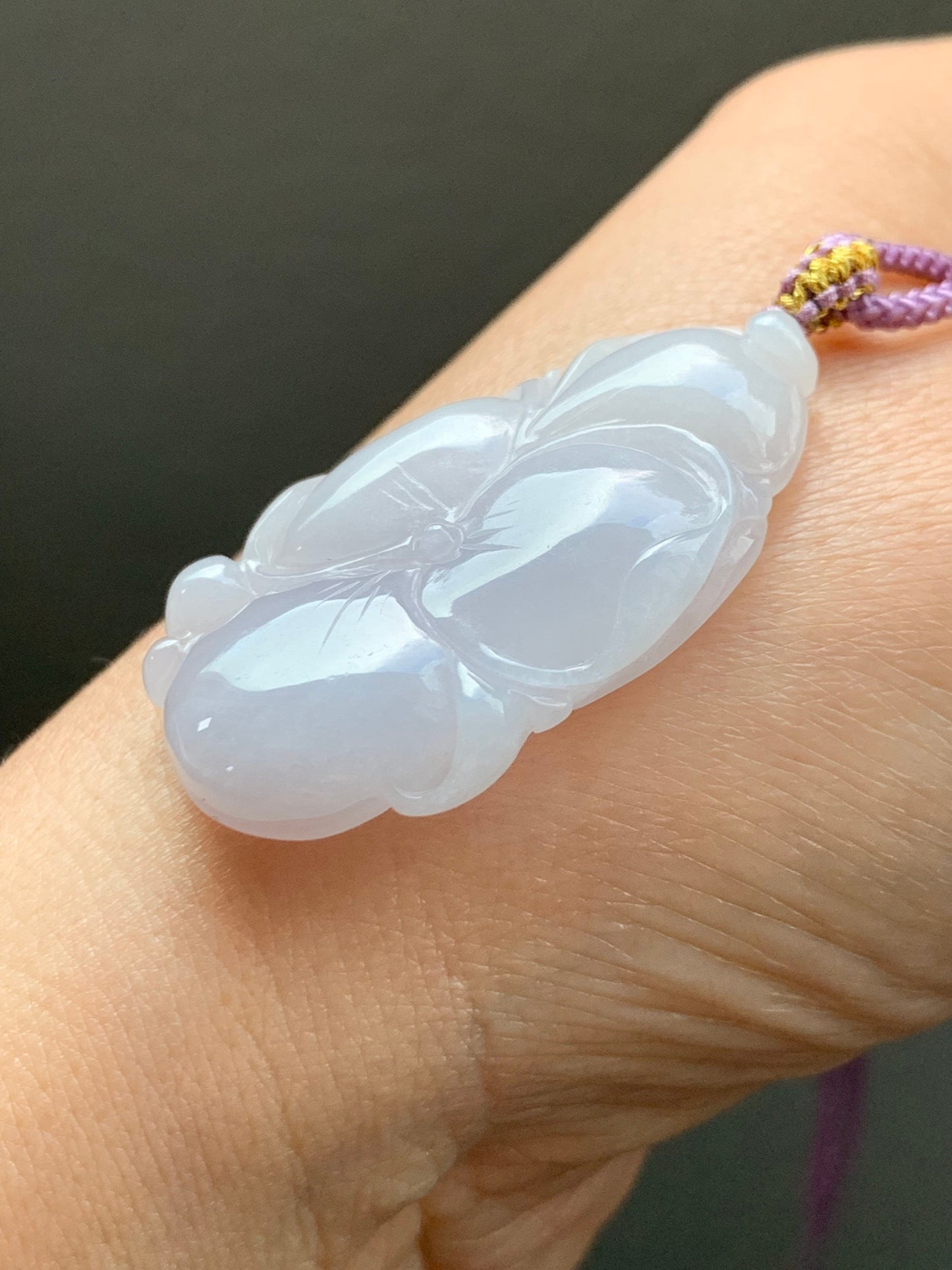 Natural Burmese Translucent Light Lavender Jadeite Carved Lotus Leaf Pendant Rope Necklace 24” Adjustable 天然缅甸细糯淡紫底翡翠荷叶吊坠