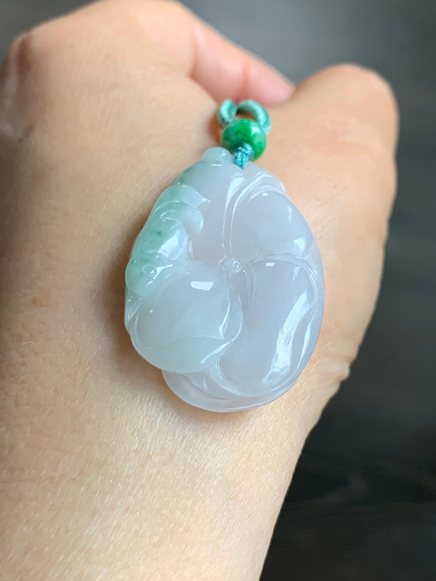 Natural Burmese Translucent Jadeite w/ Green Marbling Carved Lotus Leaf and Fish Rope Necklace 24” Adjustable 天然缅甸细糯飘绿花翡翠荷叶鱼吊坠