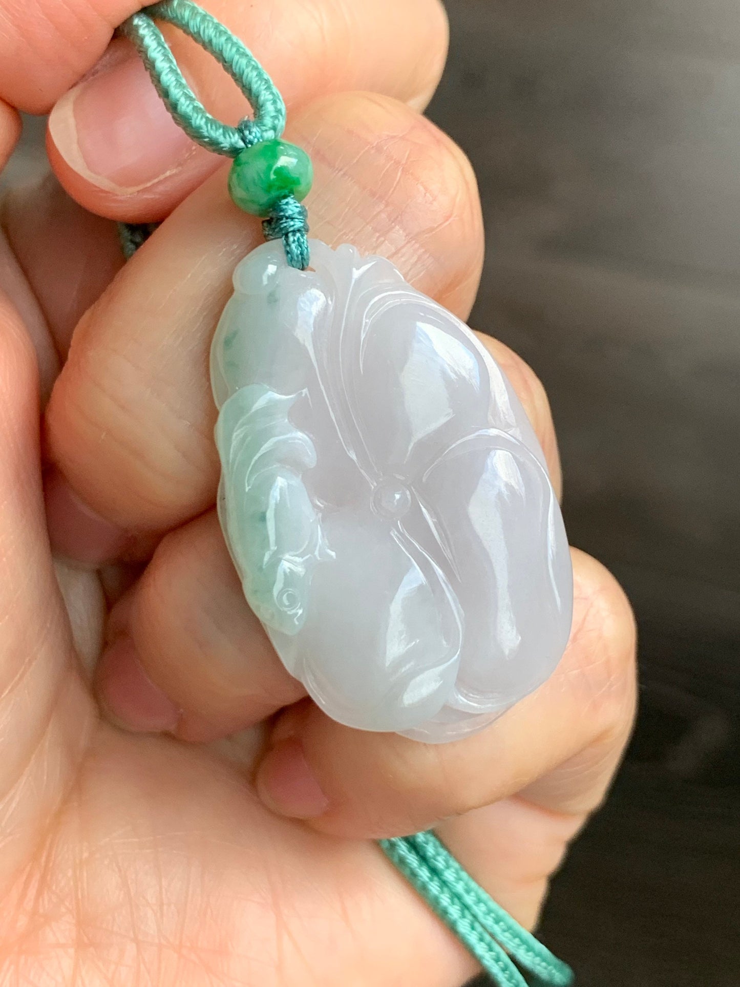 Natural Burmese Translucent Jadeite w/ Green Marbling Carved Lotus Leaf and Fish Rope Necklace 24” Adjustable 天然缅甸细糯飘绿花翡翠荷叶鱼吊坠