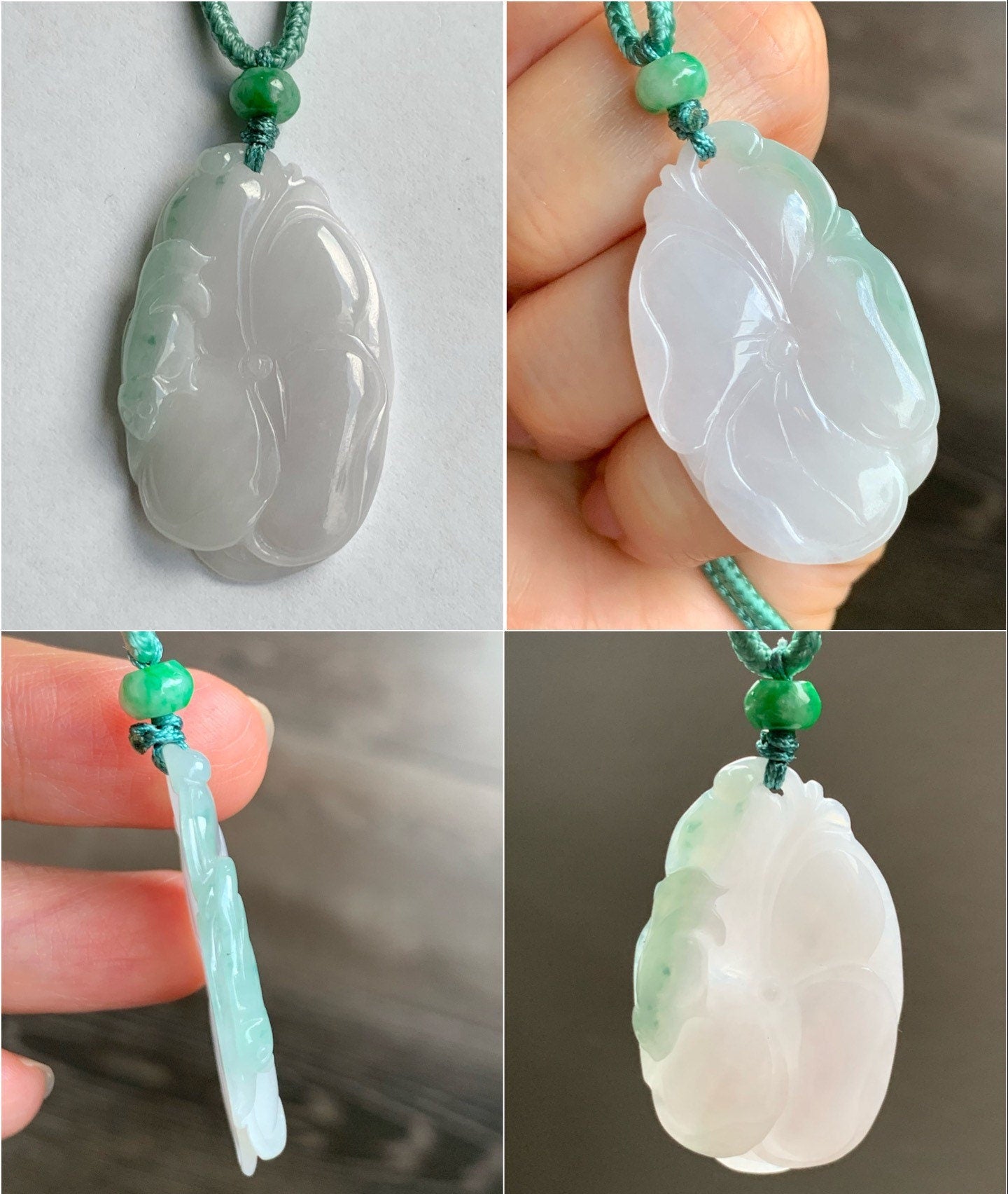 Natural Burmese Translucent Jadeite w/ Green Marbling Carved Lotus Leaf and Fish Rope Necklace 24” Adjustable 天然缅甸细糯飘绿花翡翠荷叶鱼吊坠