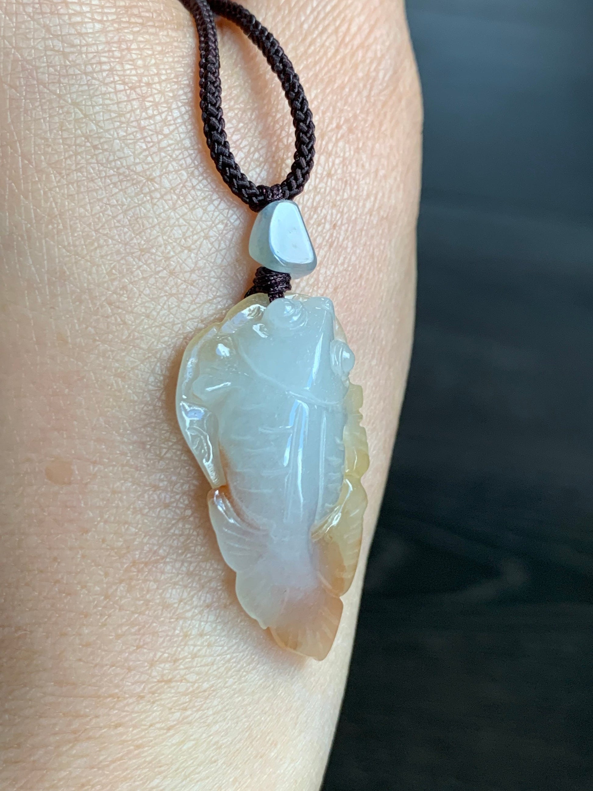 Natural Burmese Icy Translucent Gelatinous White Jadeite w/ Red Marbling Carved Goldfish Pendant Rope Necklace 天然缅甸冰胶白翡翠飘红翡荷叶鱼吊坠