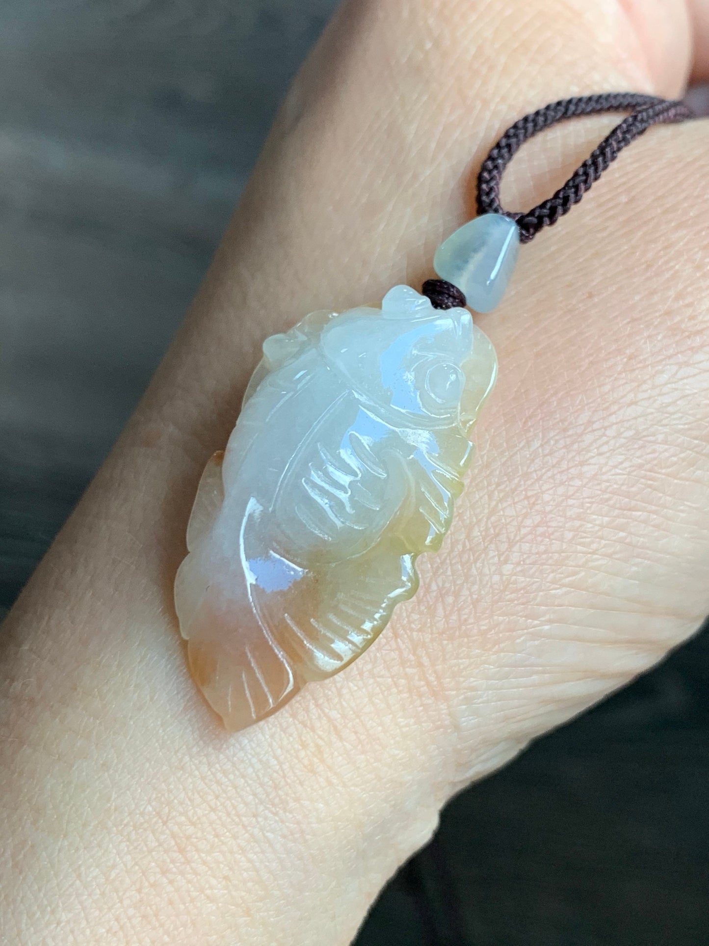 Natural Burmese Icy Translucent Gelatinous White Jadeite w/ Red Marbling Carved Goldfish Pendant Rope Necklace 天然缅甸冰胶白翡翠飘红翡荷叶鱼吊坠