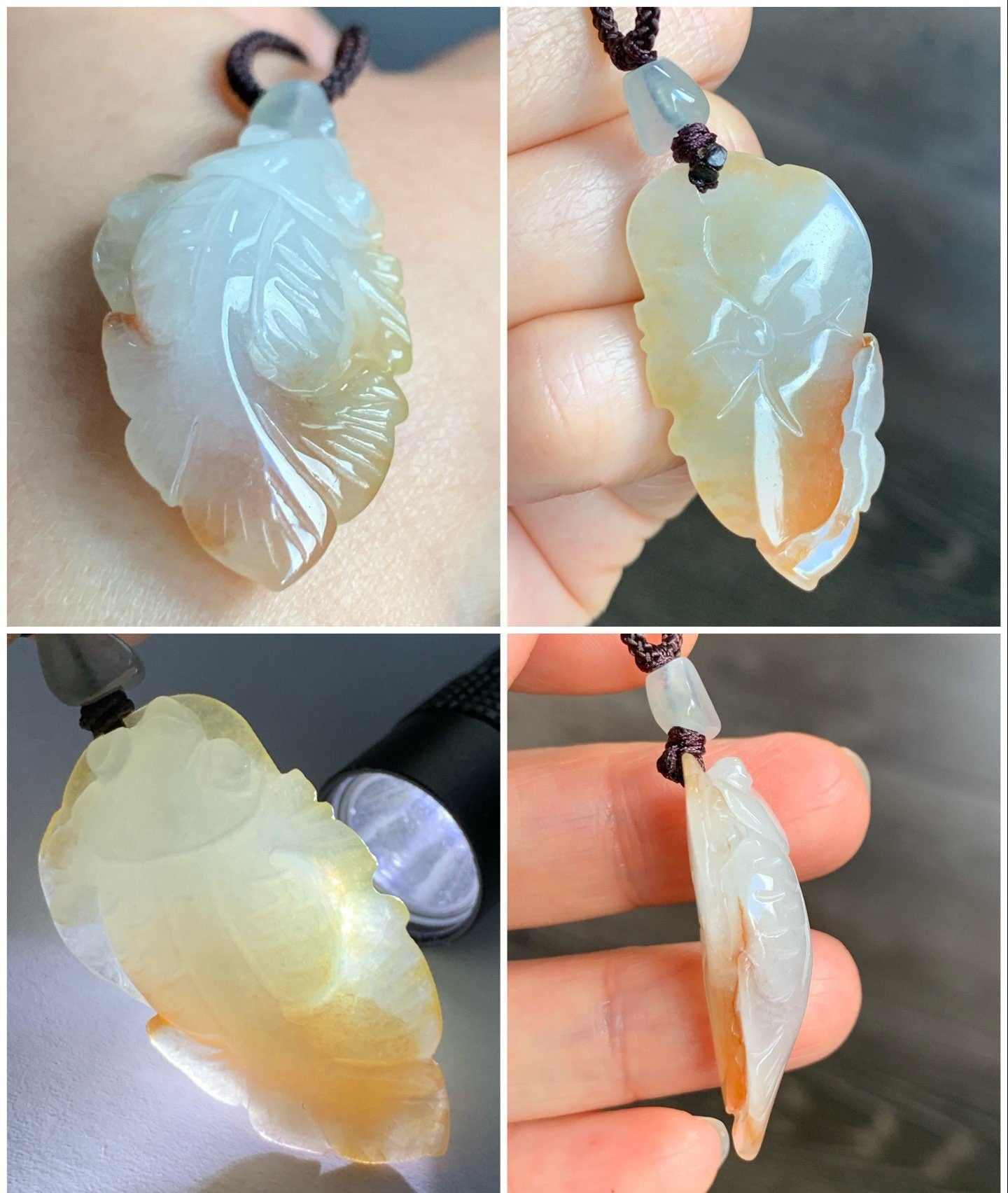 Natural Burmese Icy Translucent Gelatinous White Jadeite w/ Red Marbling Carved Goldfish Pendant Rope Necklace 天然缅甸冰胶白翡翠飘红翡荷叶鱼吊坠