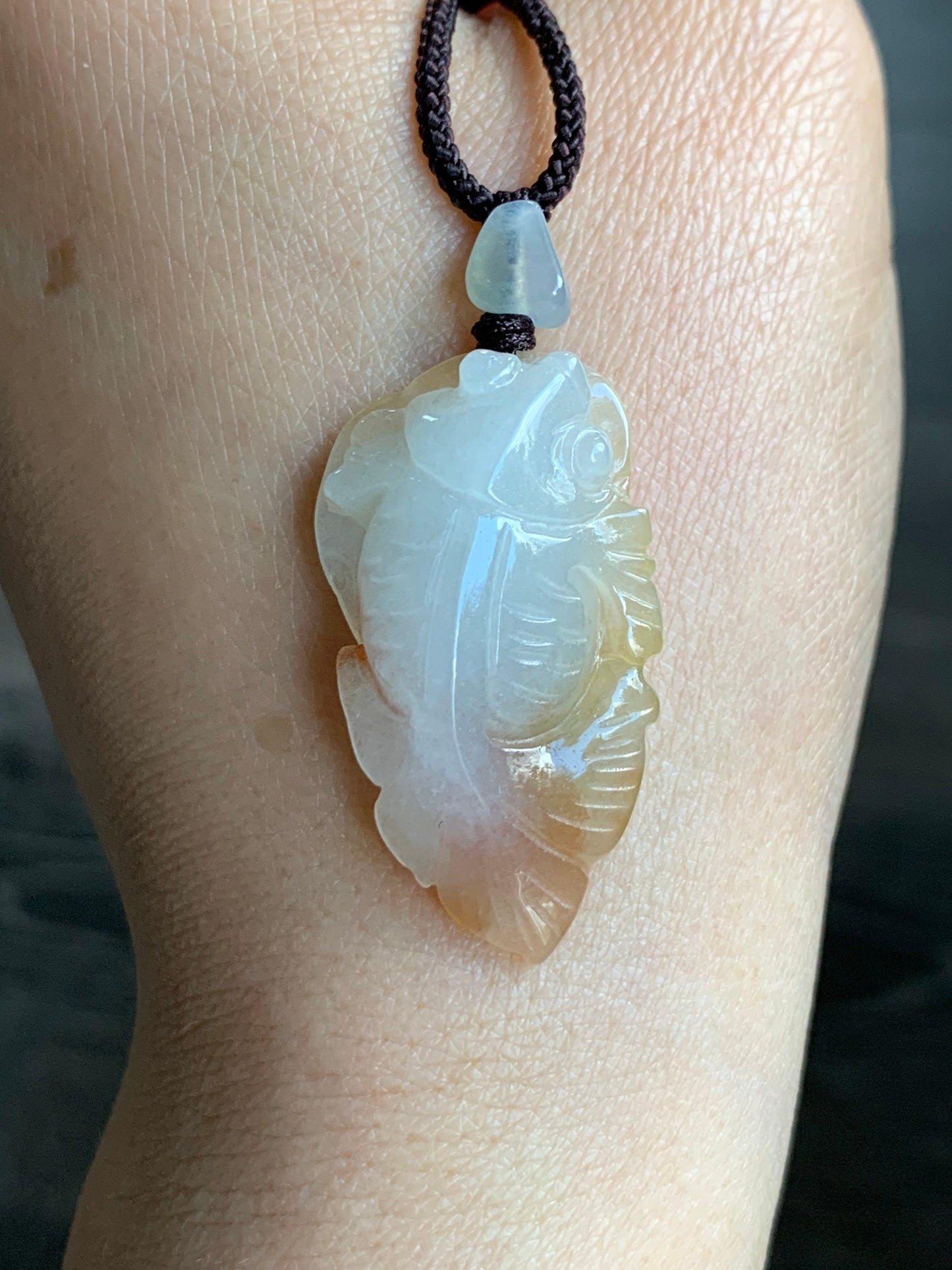 Natural Burmese Icy Translucent Gelatinous White Jadeite w/ Red Marbling Carved Goldfish Pendant Rope Necklace 天然缅甸冰胶白翡翠飘红翡荷叶鱼吊坠