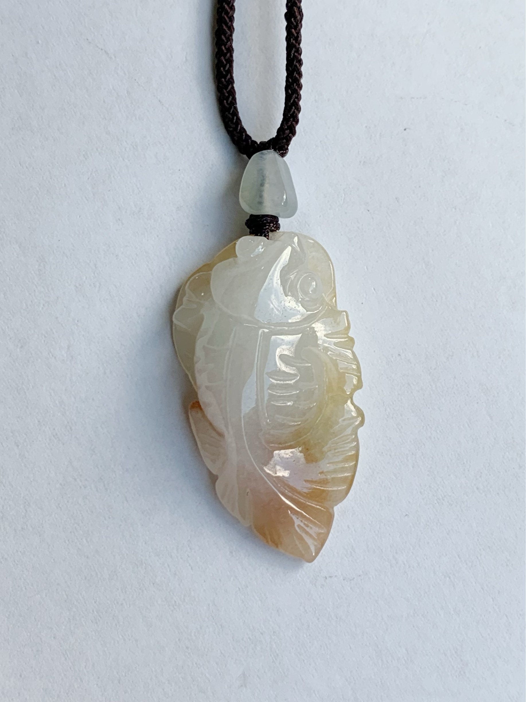 Natural Burmese Icy Translucent Gelatinous White Jadeite w/ Red Marbling Carved Goldfish Pendant Rope Necklace 天然缅甸冰胶白翡翠飘红翡荷叶鱼吊坠