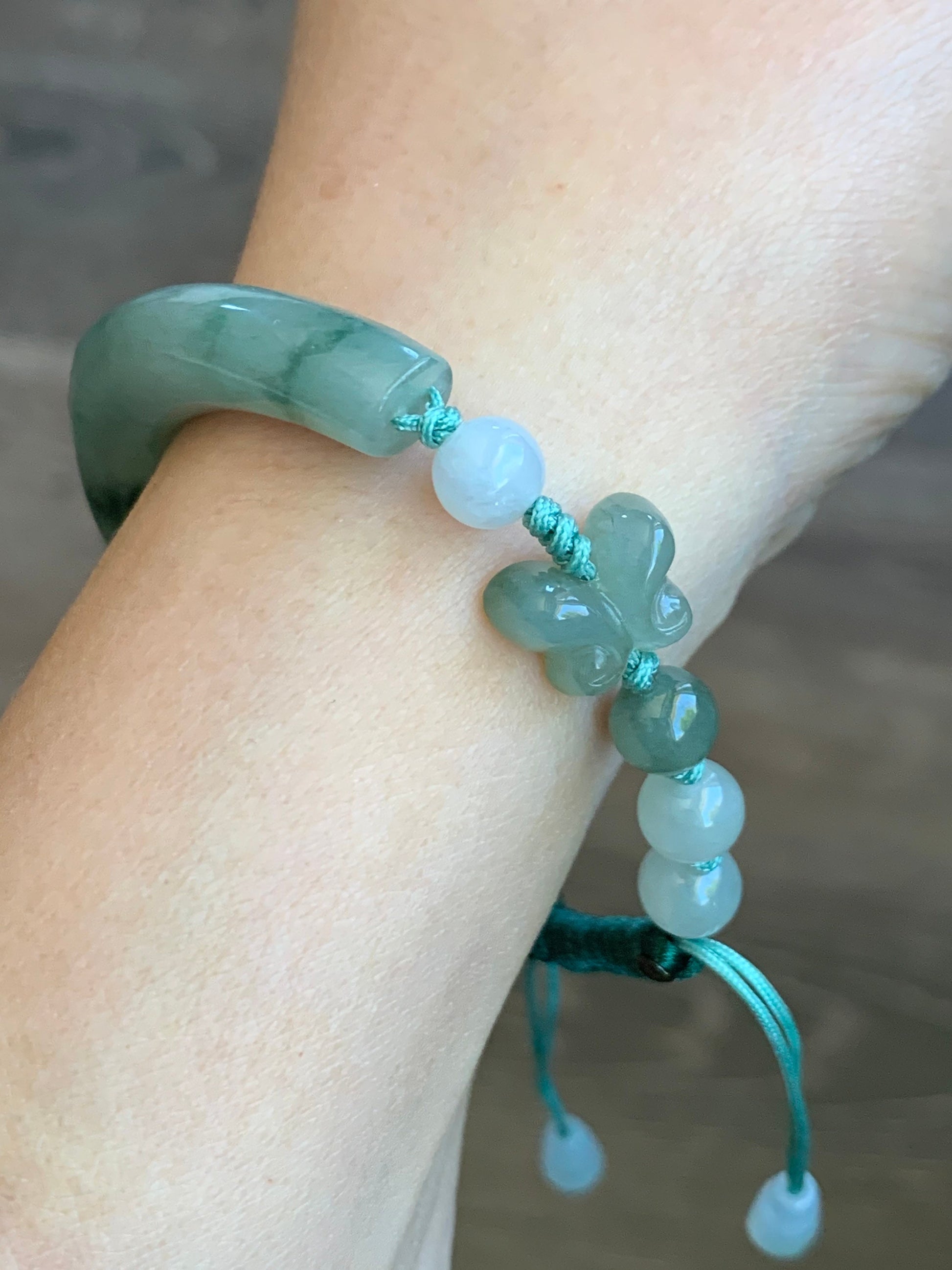 Natural Burmese Icy Translucent Teal Green Jadeite Half Bangle Style Rope Bracelet w/ Cherry Blossom & Butterfly Charm 7” 天然缅甸深绿翡翠半镯蝴蝶梅花手绳