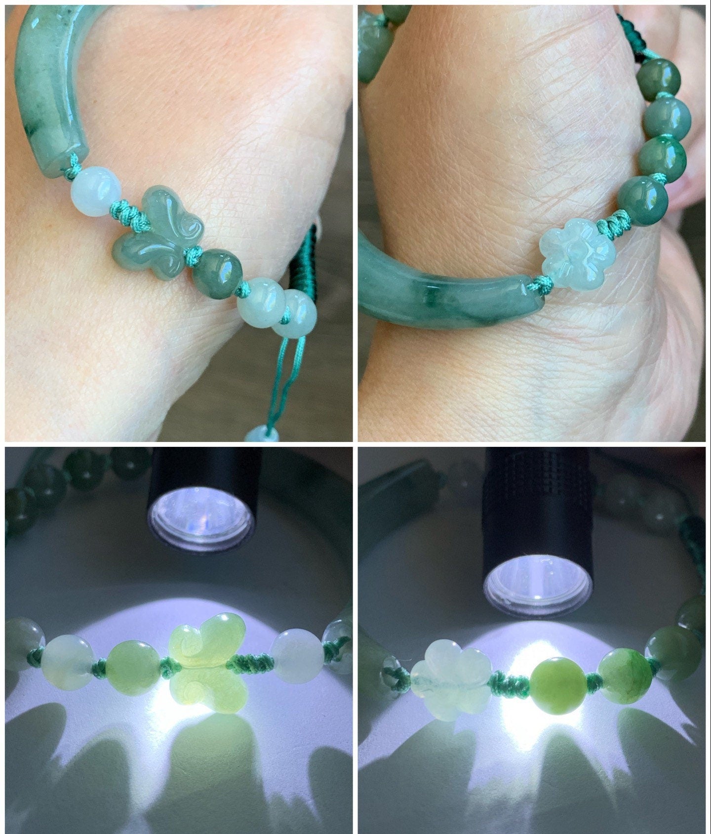 Natural Burmese Icy Translucent Teal Green Jadeite Half Bangle Style Rope Bracelet w/ Cherry Blossom & Butterfly Charm 7” 天然缅甸深绿翡翠半镯蝴蝶梅花手绳