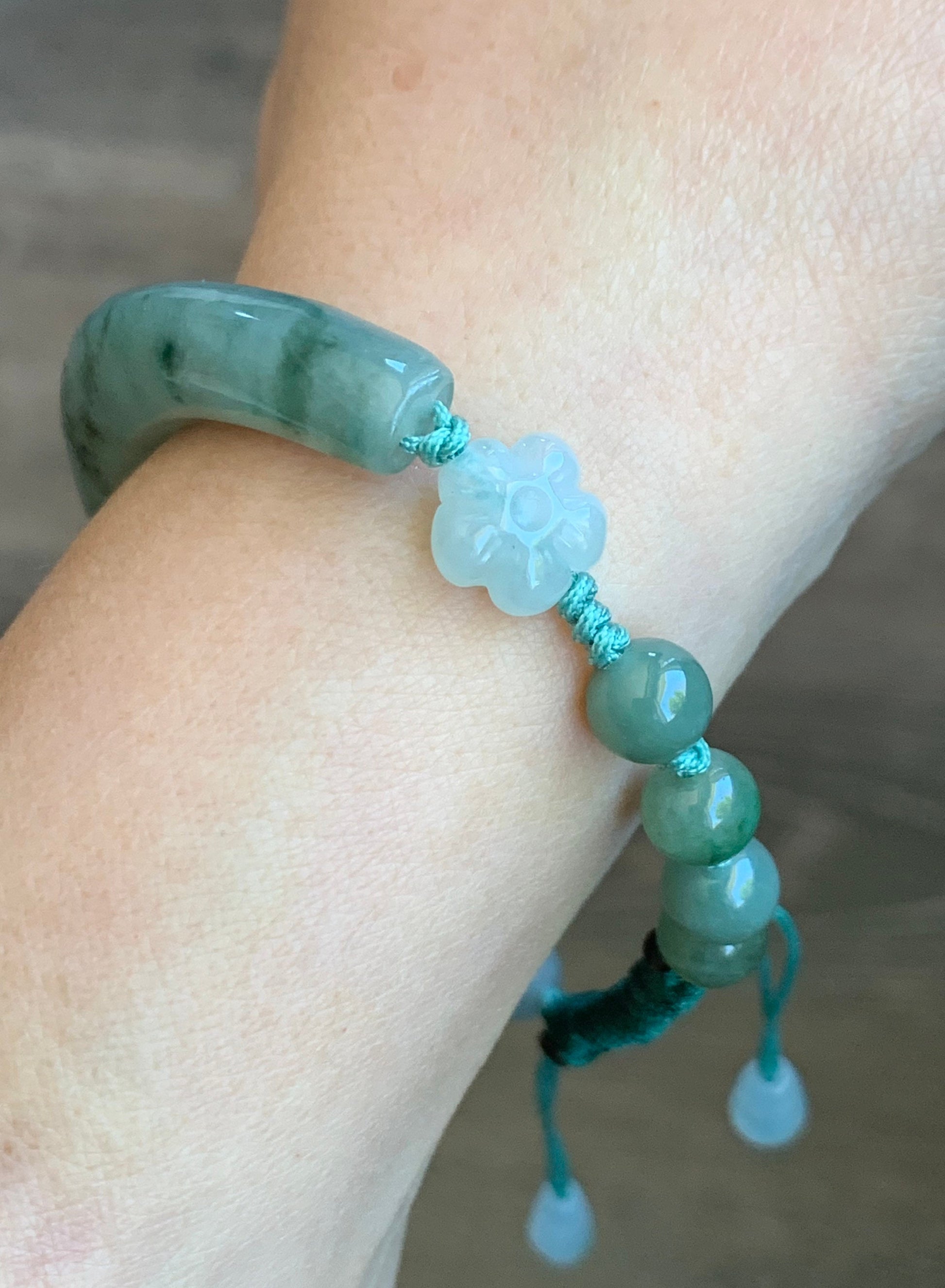 Natural Burmese Icy Translucent Teal Green Jadeite Half Bangle Style Rope Bracelet w/ Cherry Blossom & Butterfly Charm 7” 天然缅甸深绿翡翠半镯蝴蝶梅花手绳