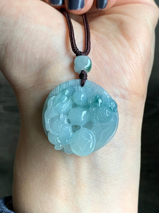 Large Natural Burmese Icy Translucent Sky Blue Jadeite w/ Green Marbling Carved Goldfish Pendant Rope Necklace 25” 19g 天然缅甸冰天空蓝飘花翡翠双鱼牌吊坠