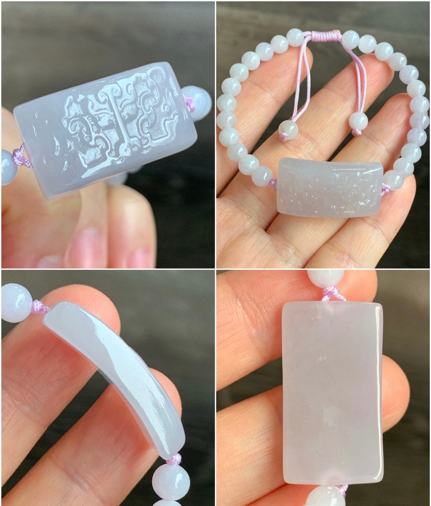 Stunning Natural Burmese Icy Translucent Gelatinous Light Pinkish Purple Jadeite Tao Tie Beaded Bracelet Adjustable 7” 天然缅甸冰胶淡粉紫翡翠饕餮手牌手串