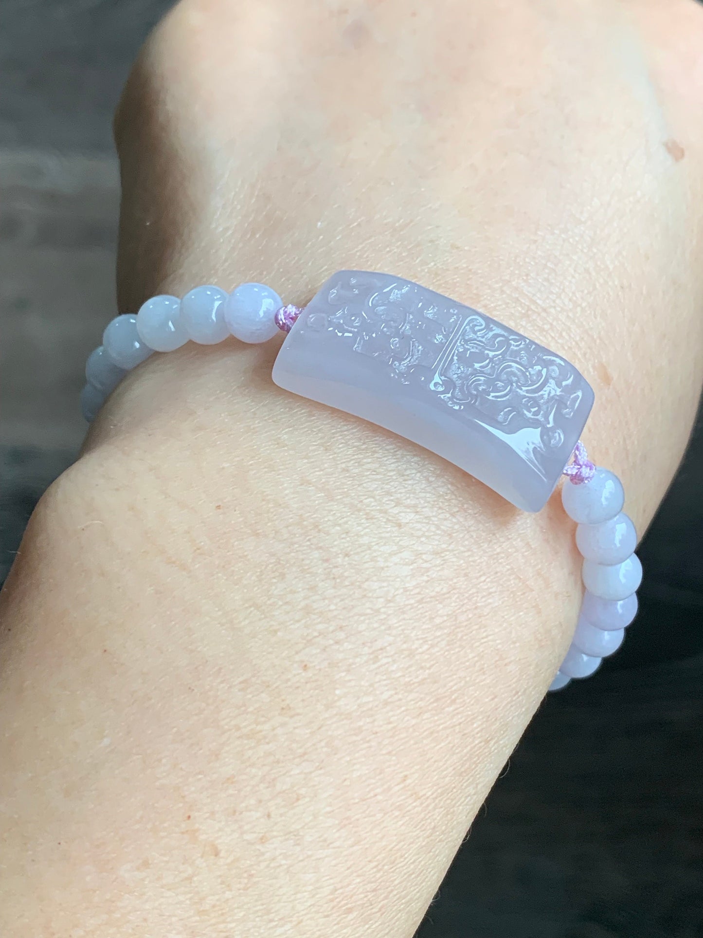 Stunning Natural Burmese Icy Translucent Gelatinous Light Pinkish Purple Jadeite Tao Tie Beaded Bracelet Adjustable 7” 天然缅甸冰胶淡粉紫翡翠饕餮手牌手串