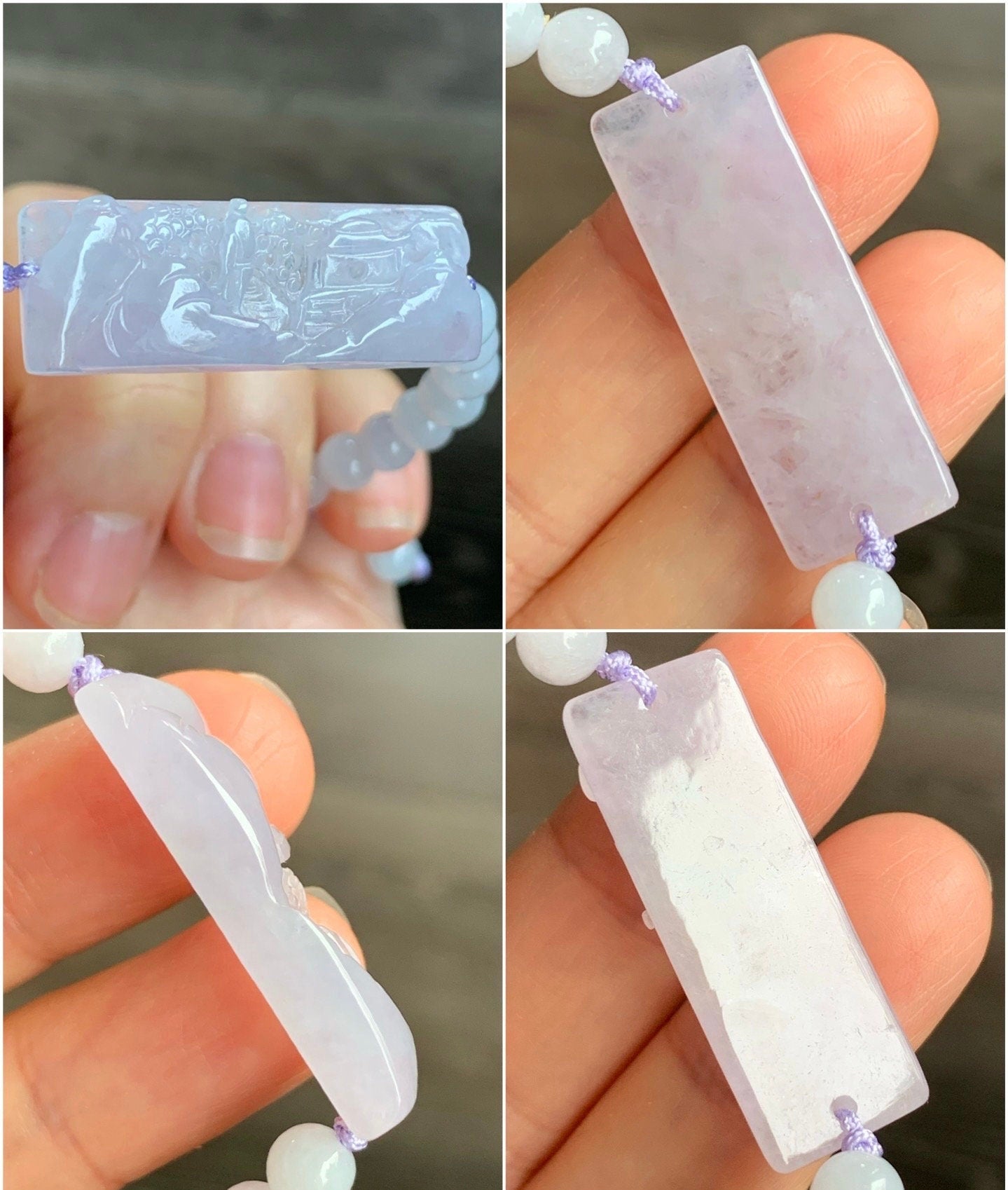 Stunning Natural Burmese Icy Highly Translucent Light Purple Jadeite Shan Shui Landscape Beaded Bracelet Adjustable 6.5” 天然缅甸冰紫翡翠山水手牌手串