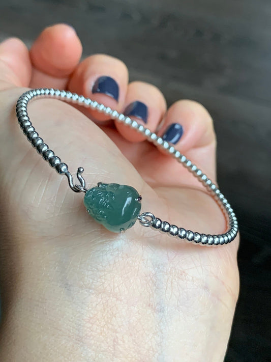 Certified Natural Guatemalan Grade A Icy Teal Blue Jadeite 3-Legged Toad Bangle Bracelet Sterling Silver Custom Design 天然冰蓝水翡翠三脚金蟾银镶手镯 2697