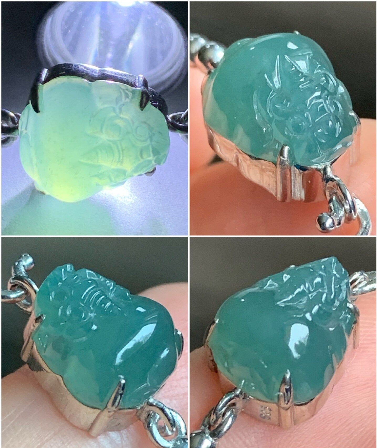 Certified Natural Guatemalan Grade A Icy Teal Blue Jadeite 3-Legged Toad Bangle Bracelet Sterling Silver Custom Design 天然冰蓝水翡翠三脚金蟾银镶手镯 2697